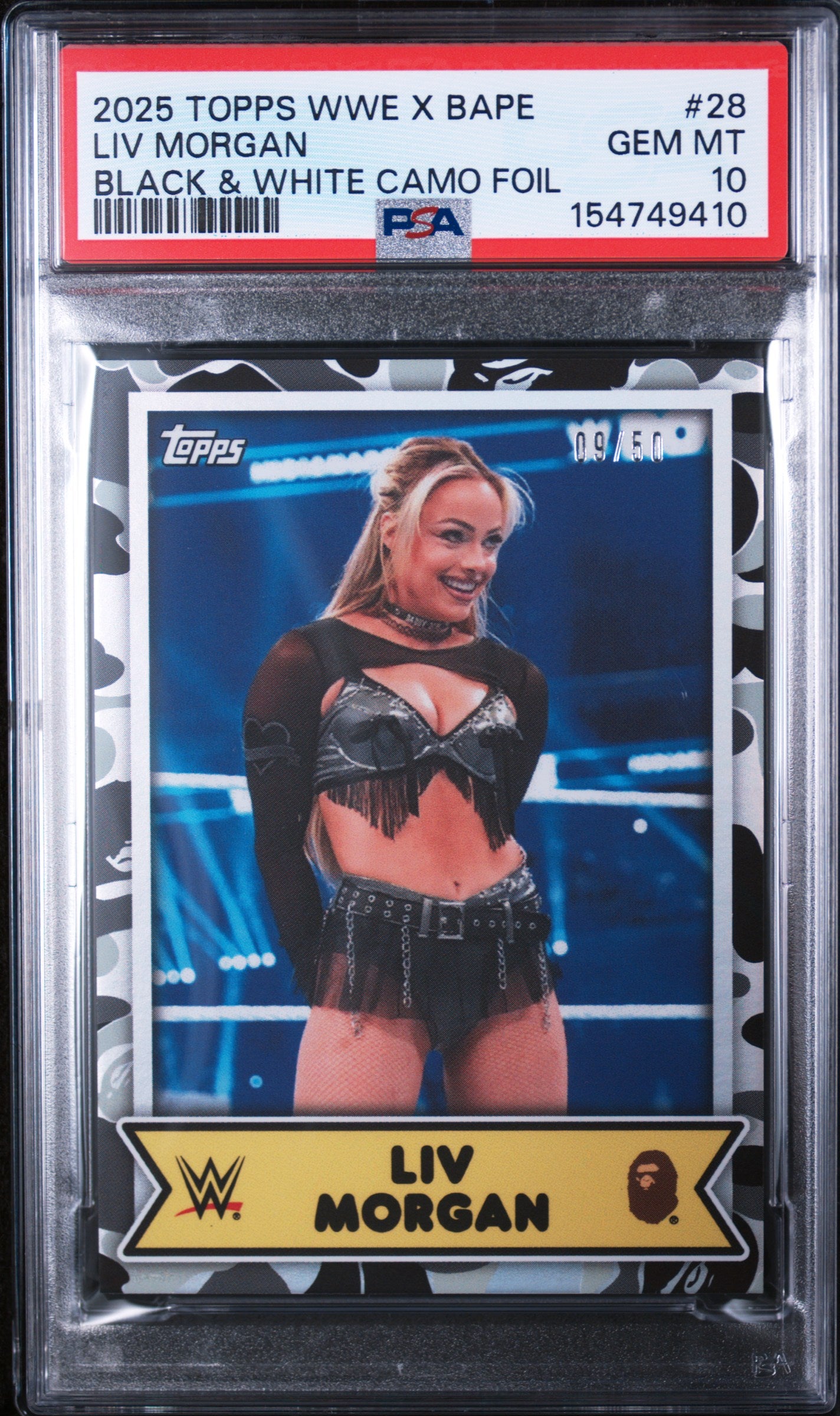 2025 Topps WWE X Bape Black & White Camo Foil Liv Morgan #28 /50 PSA 10
