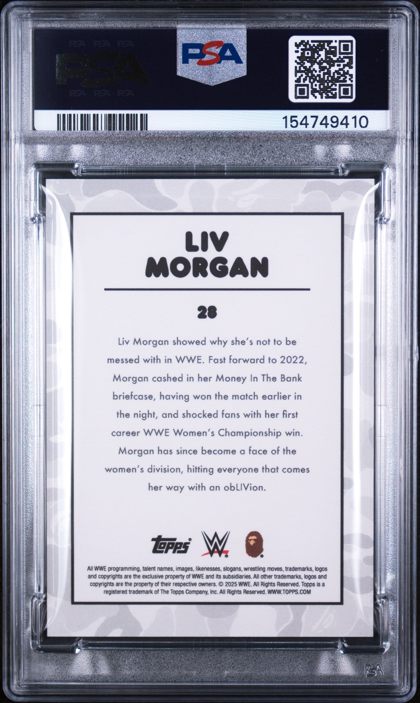 2025 Topps WWE X Bape Black & White Camo Foil Liv Morgan #28 /50 PSA 10