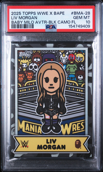 2025 Topps WWE X BAPE Liv Morgan #BMA-28 Baby Milo AVTR-BLK Camo FL /10 PSA 10