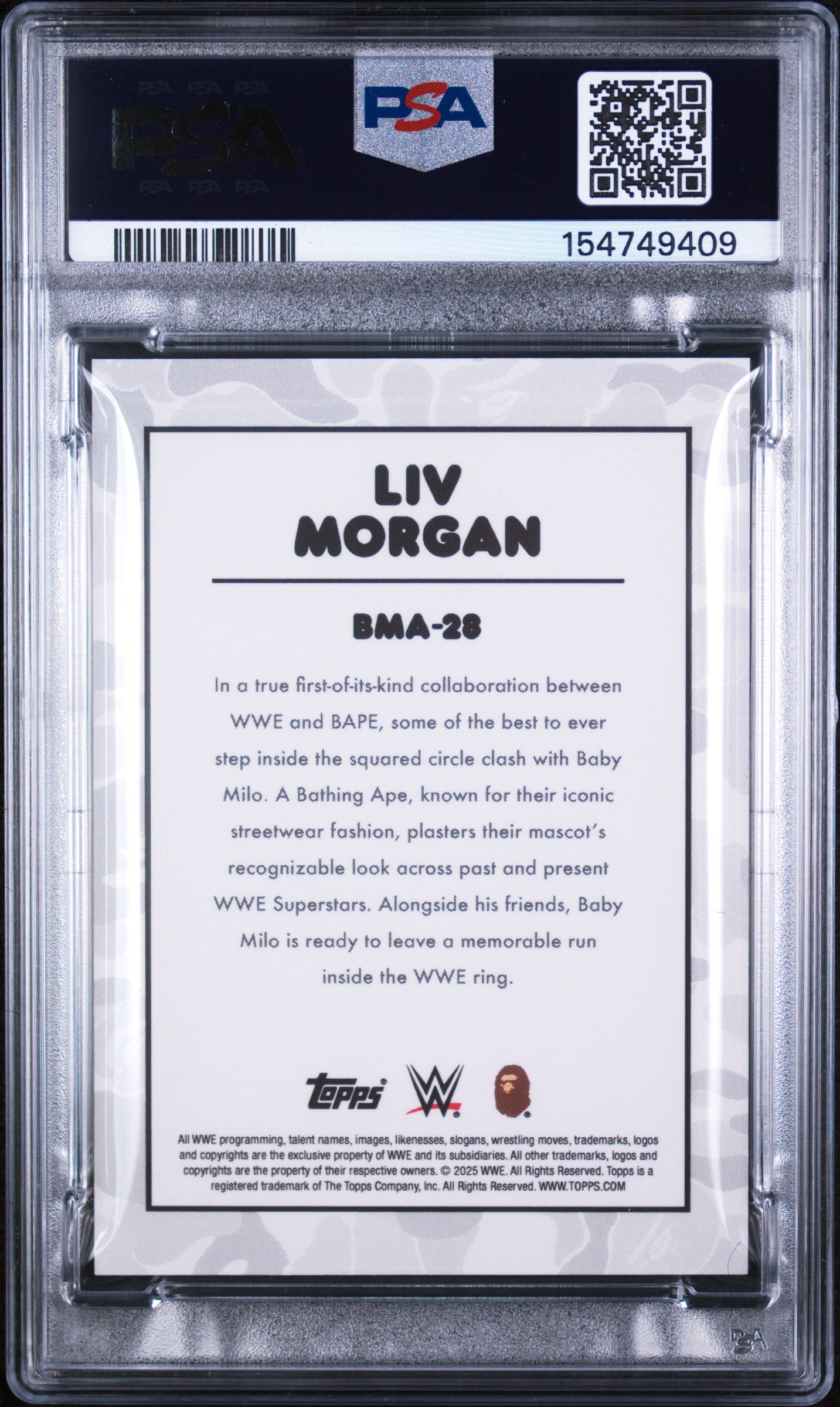 2025 Topps WWE X Bape Baby Milo Avatar Baby Milo Avtr-Blk Camo Fl Liv Morgan #BMA-28 10/10 PSA 10