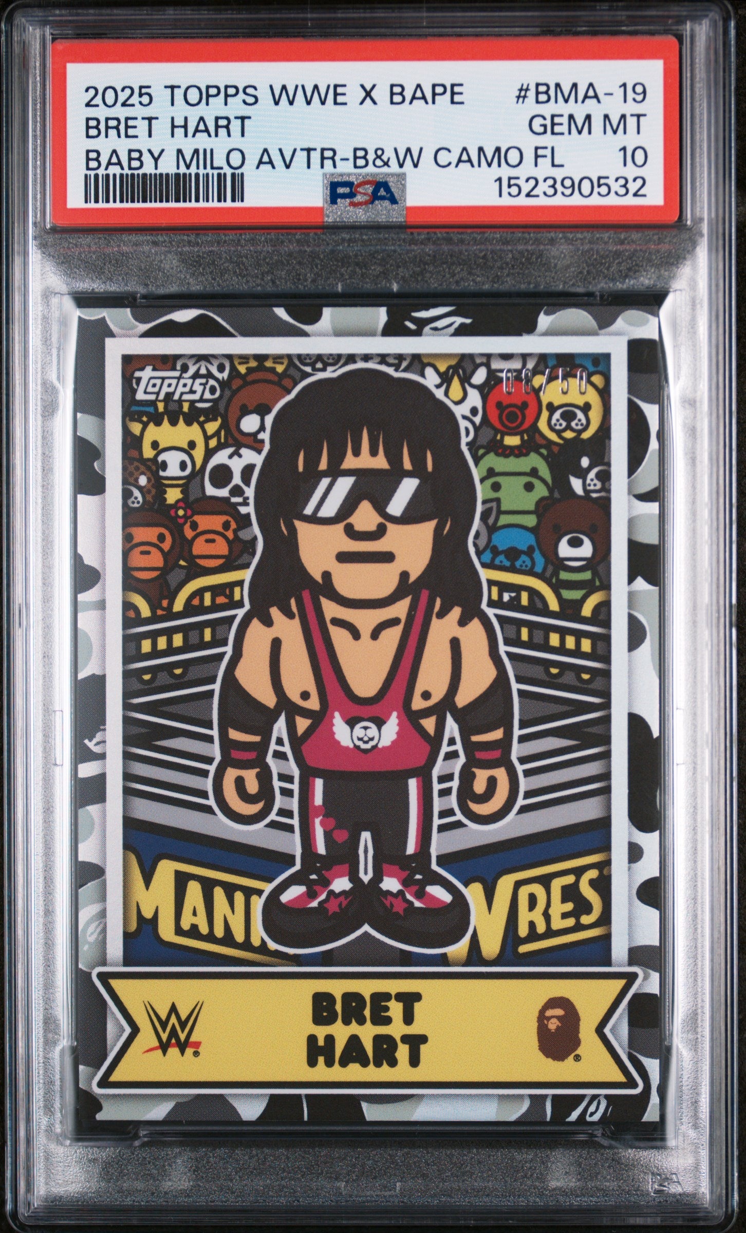 2025 Topps WWE X Bape Baby Milo Avatar Black and White Camo Foil Bret Hart #BMA-19 /50 PSA 10