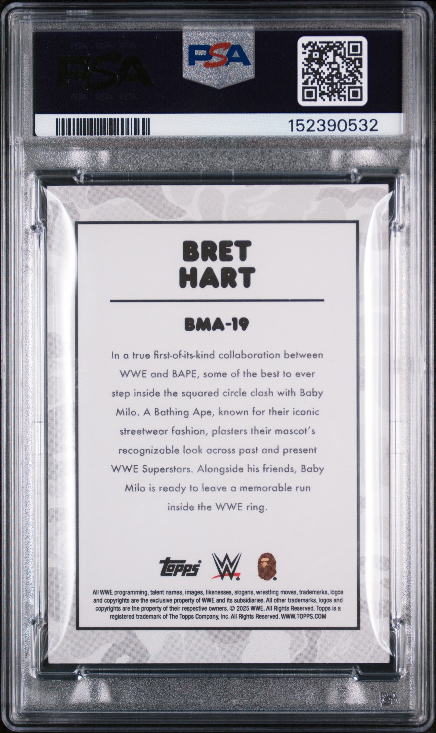 2025 Topps WWE X Bape Baby Milo Avatar Black and White Camo Foil Bret Hart #BMA-19 /50 PSA 10