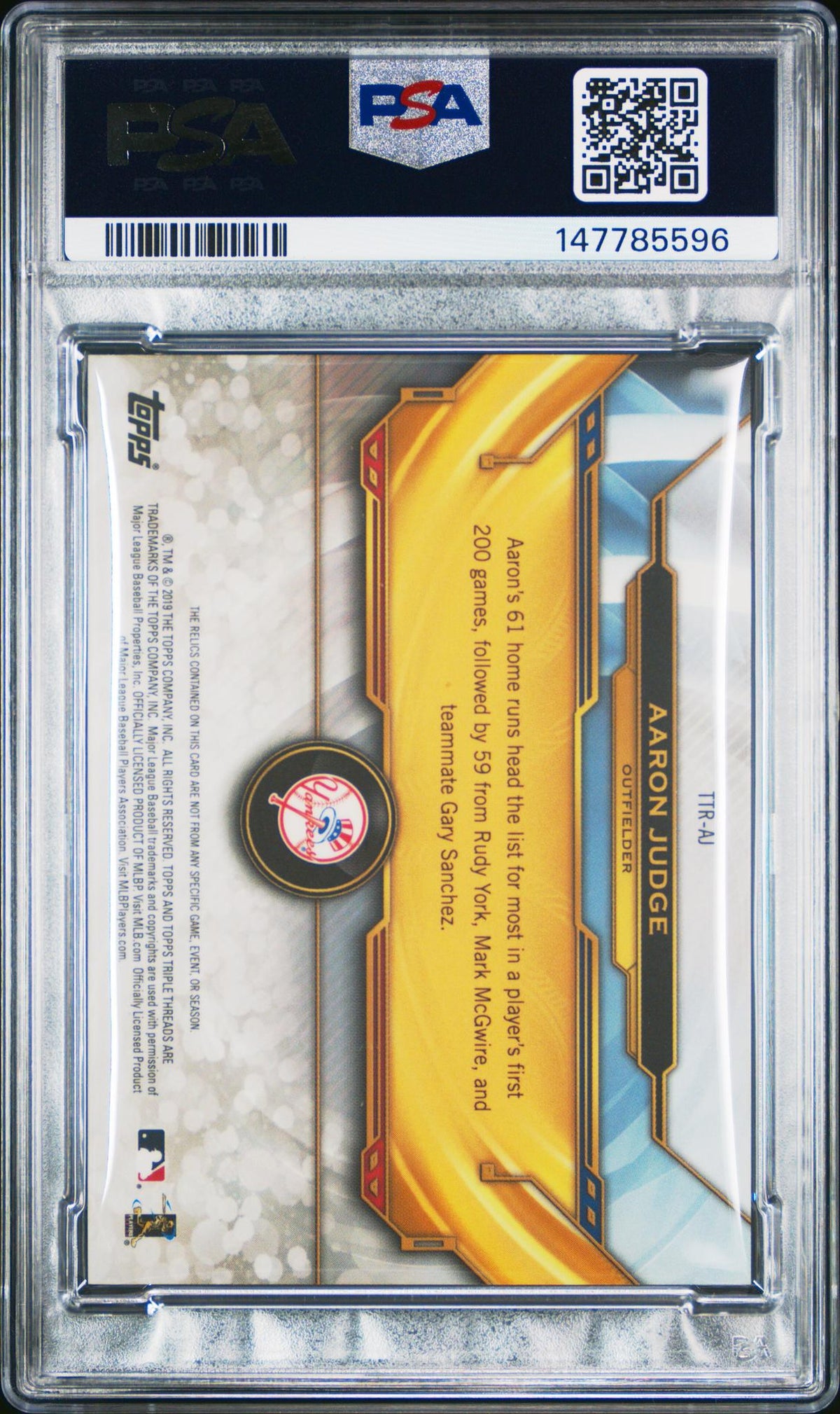 2019 Topps Triple Threads Relics Gold Aaron Judge #AJ /9 PSA 10