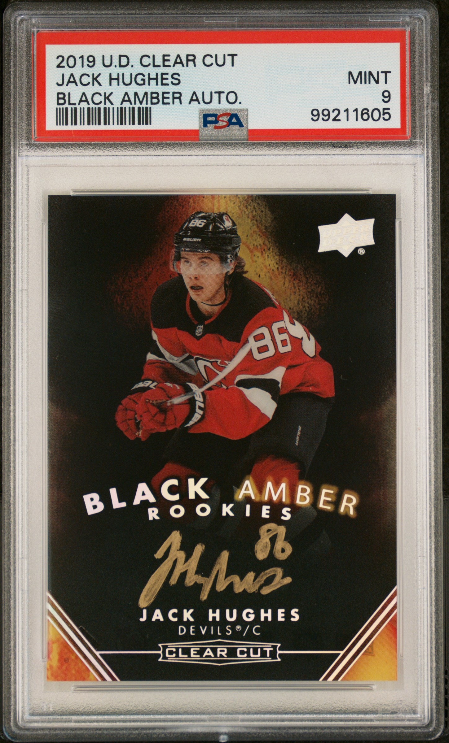 2019 Upper Deck Clear Cut Black Amber Rookie Autographs Jack Hughes #HHHJH PSA 9
