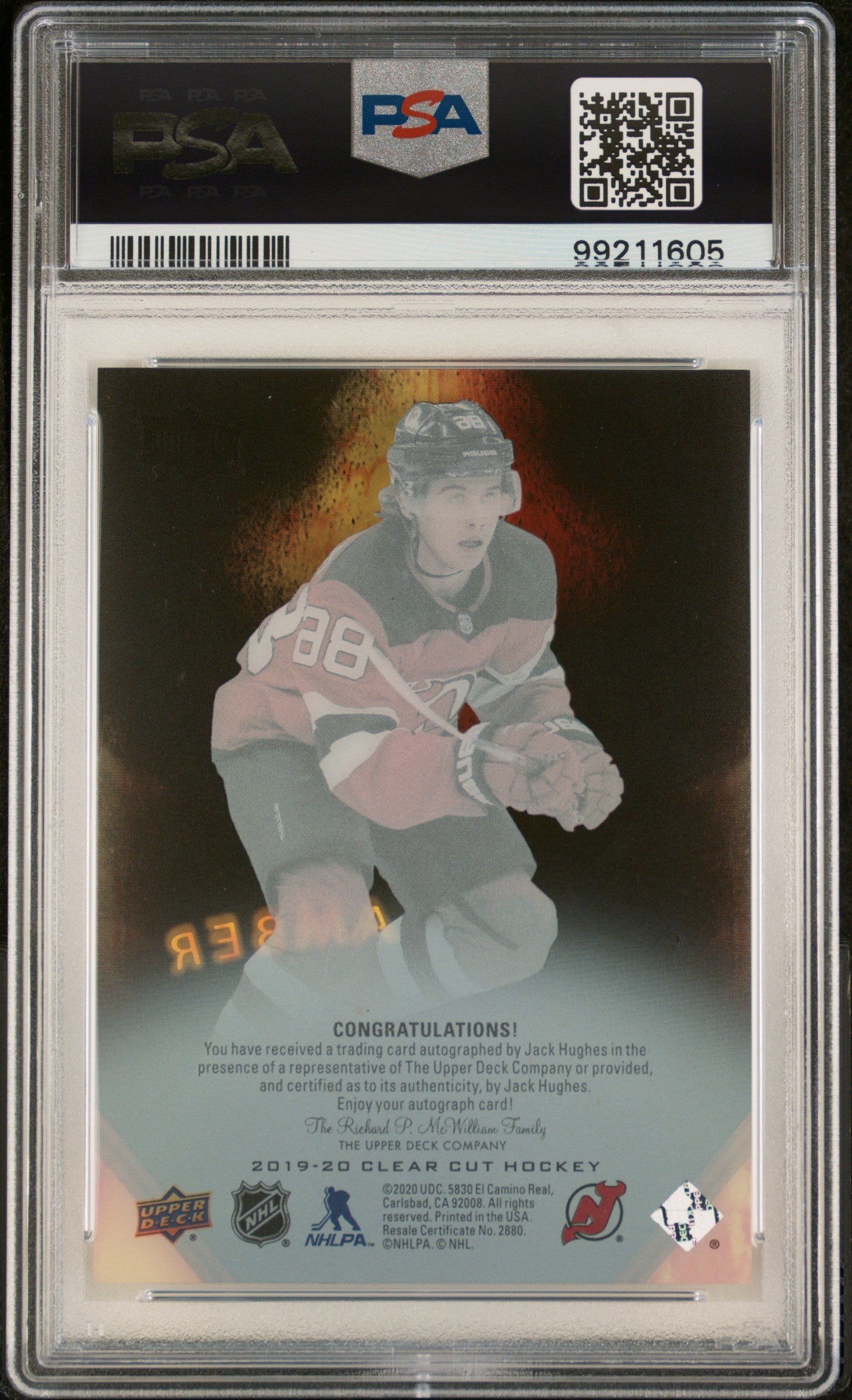 2019 Upper Deck Clear Cut Black Amber Rookie Autographs Jack Hughes #HHHJH PSA 9