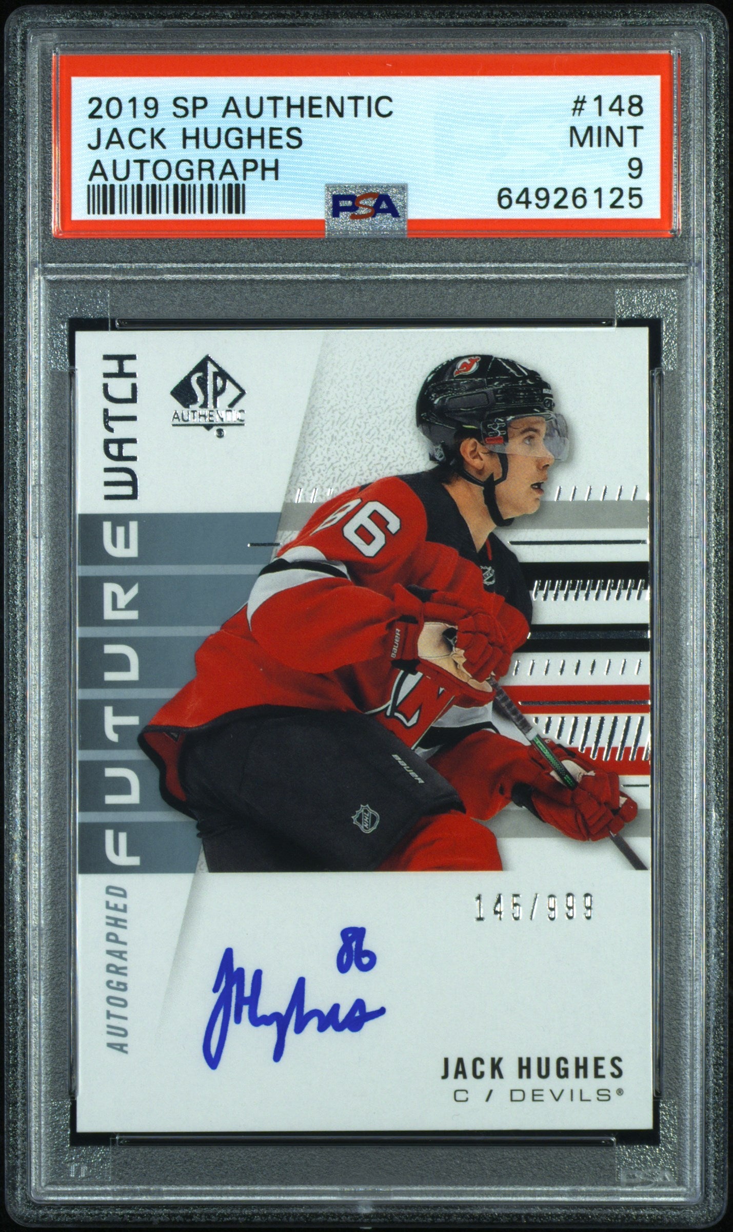 2019 SP Authentic Future Watch Autograph Jack Hughes #148 /999 PSA 9