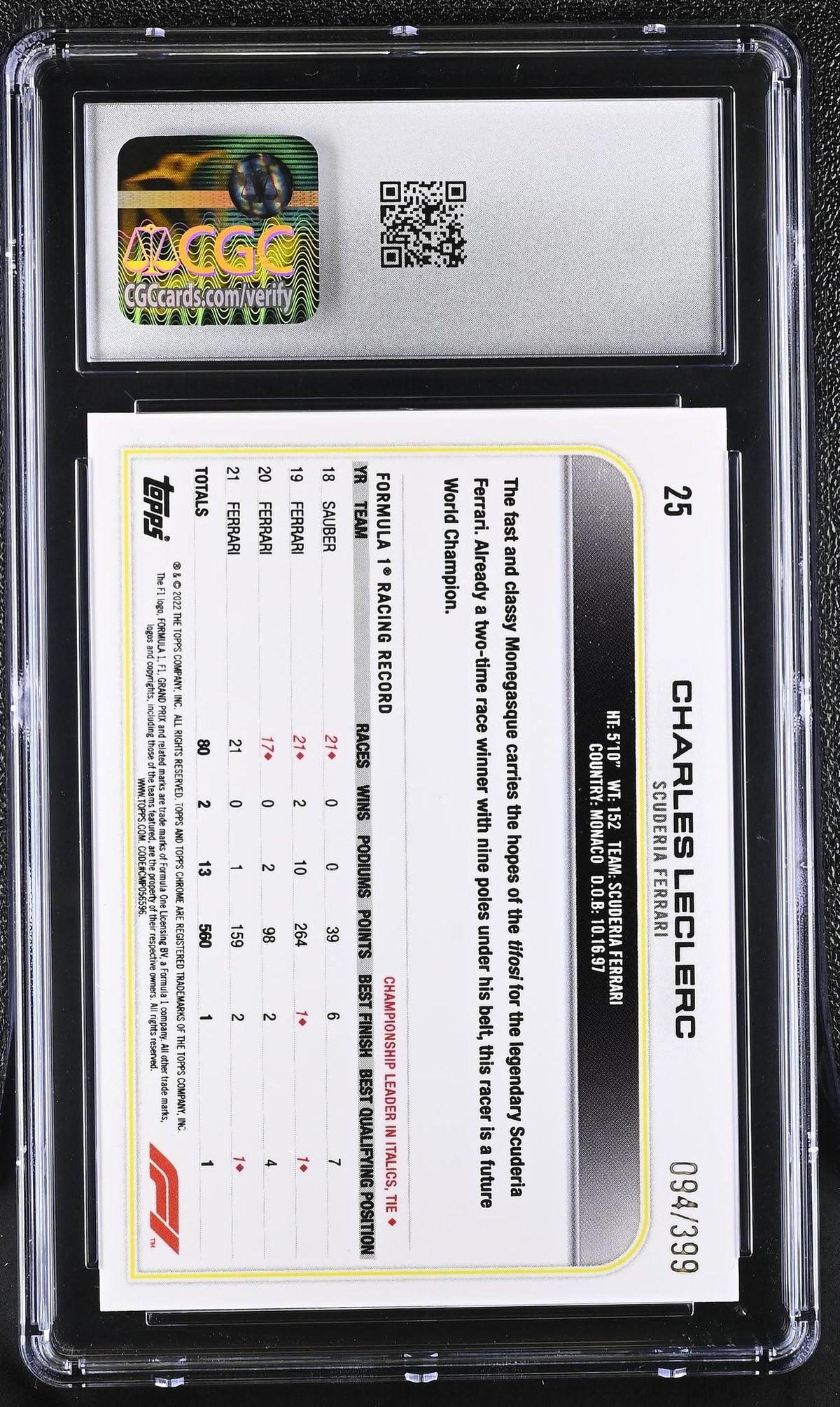 2021 Topps Chrome #25 Charles Leclerc Purple Refractor /399 CGC 10