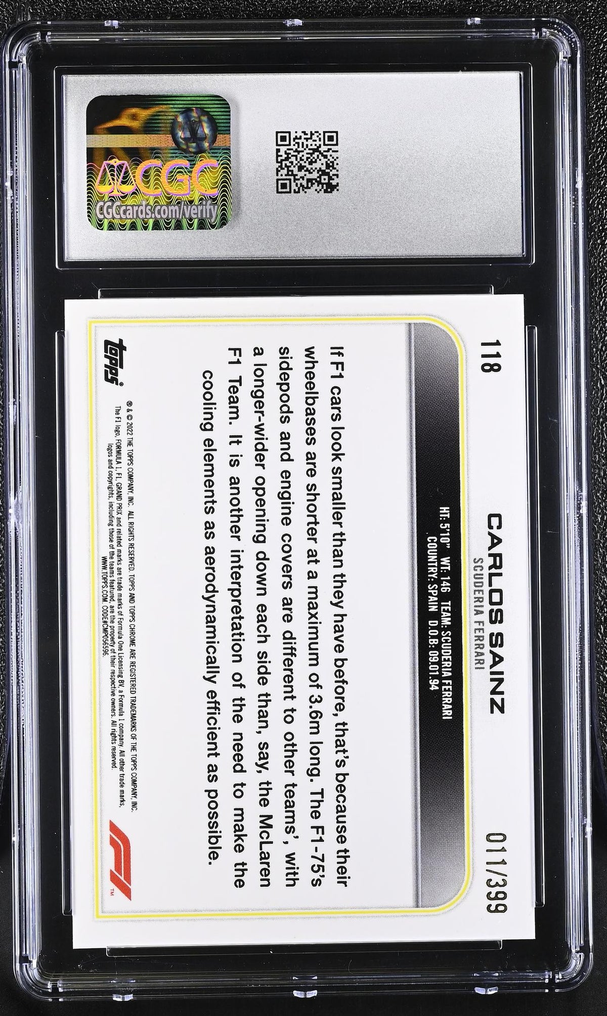 2022 Topps Chrome #118 Carlos Sainz Purple Refractor /399 CGC 10