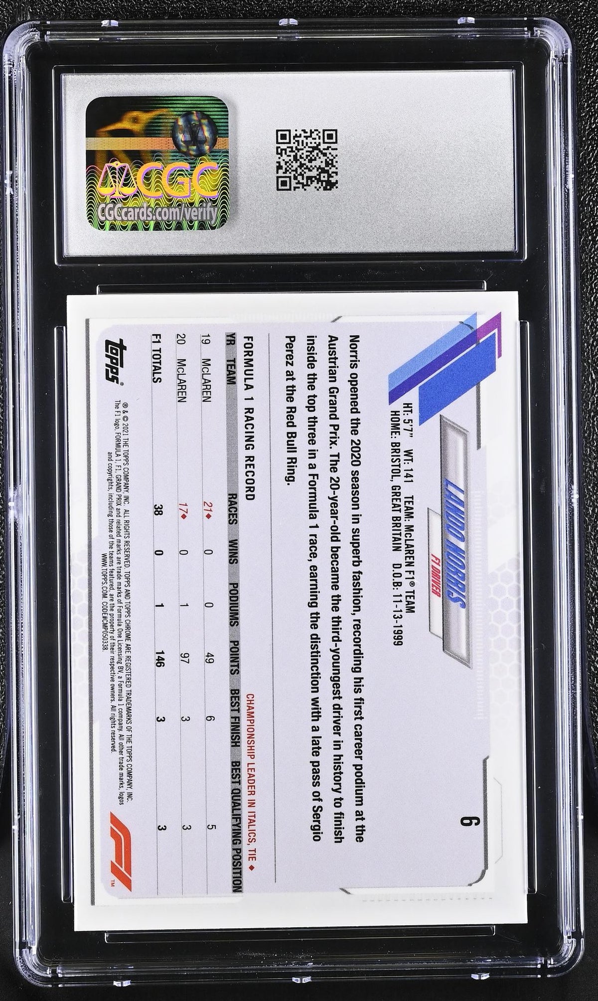 2021 Topps Chrome #6 Lando Norris Sapphire CGC 10