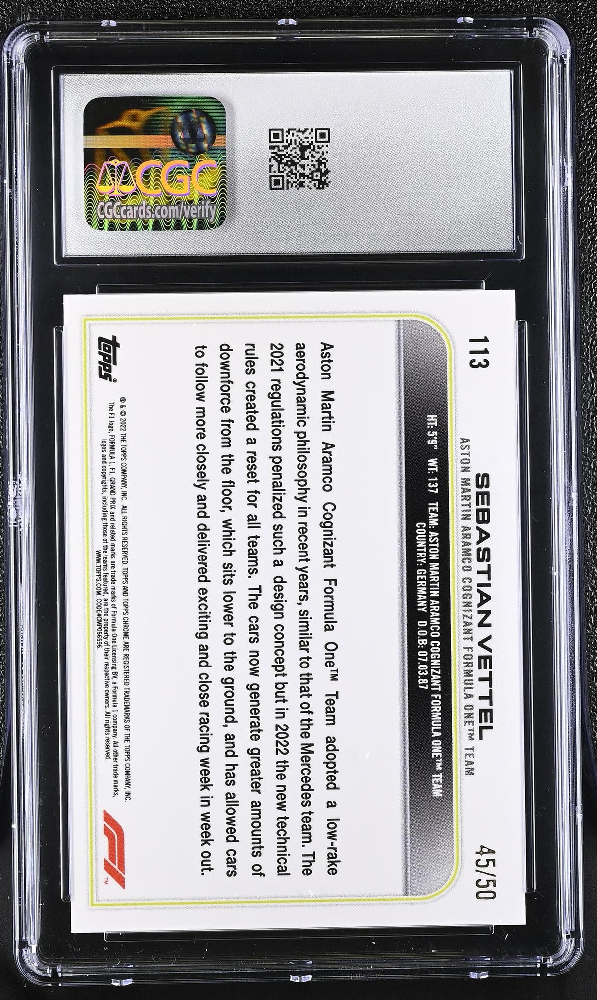 2022 Topps Chrome Formula 1 Sebastian Vettel #113 Gold Checker Flag Refractor /50 CGC 10