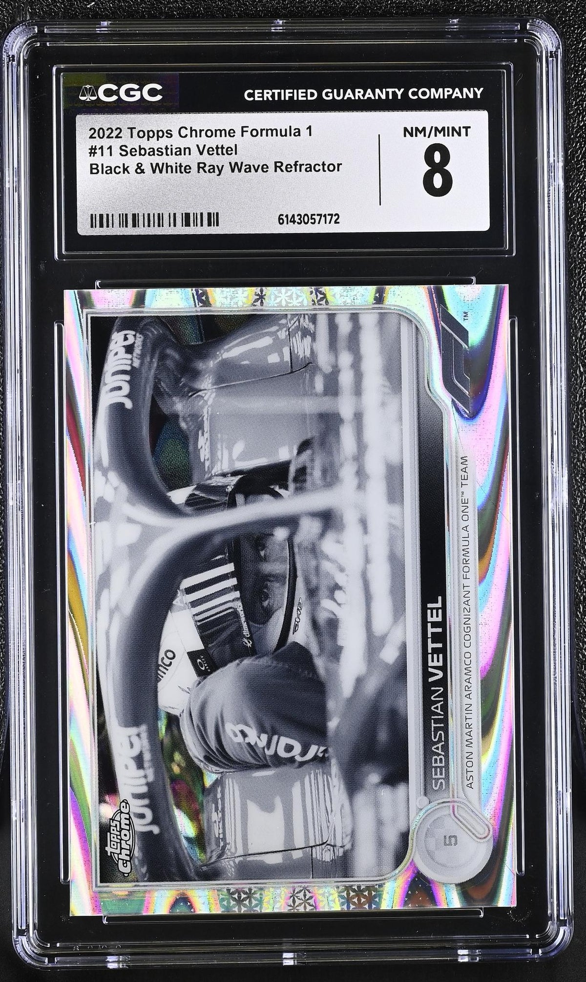 2022 Topps Chrome #11 Sebastian Vettel Black & White Ray Wave Refractor CGC 8
