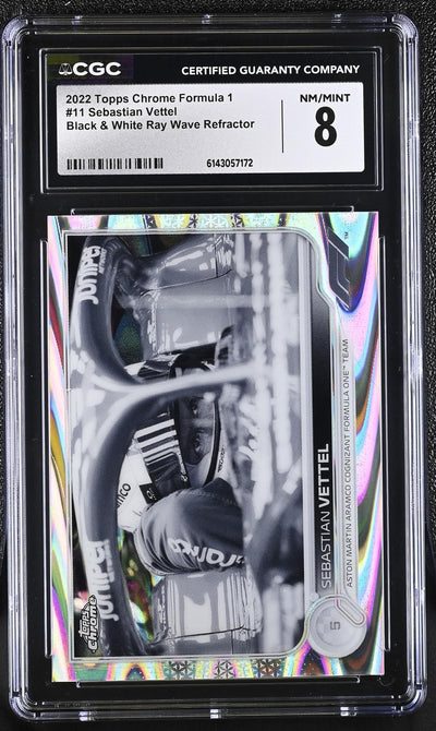 2022 Topps Chrome Formula 1 Sebastian Vettel #11 Black & White Ray Wave Refractor CGC 8