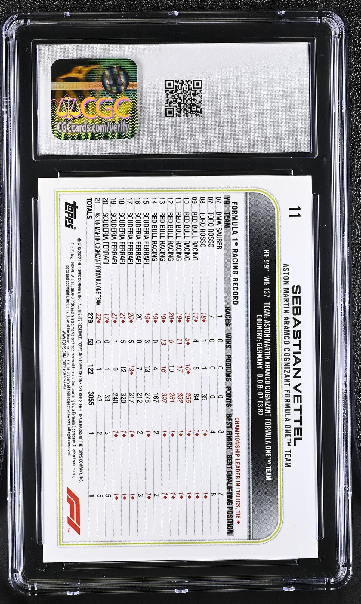 2022 Topps Chrome #11 Sebastian Vettel Black & White Ray Wave Refractor CGC 8