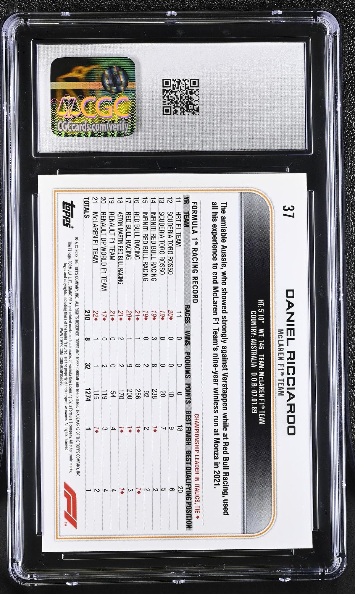 2022 Topps Chrome #37 Daniel Ricciardo Checker Flag Refractor CGC 9