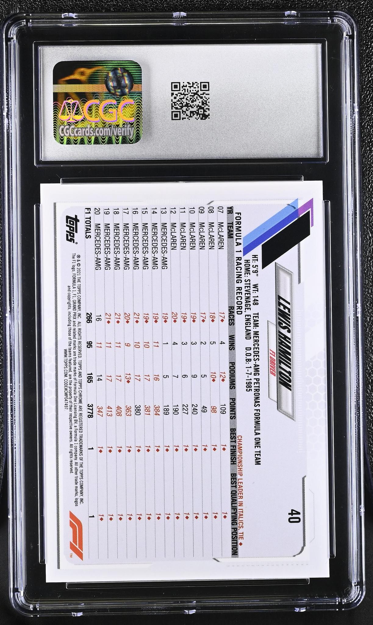 2021 Topps Chrome #40 Lewis Hamilton Black & White RayWave Refractor CGC 10