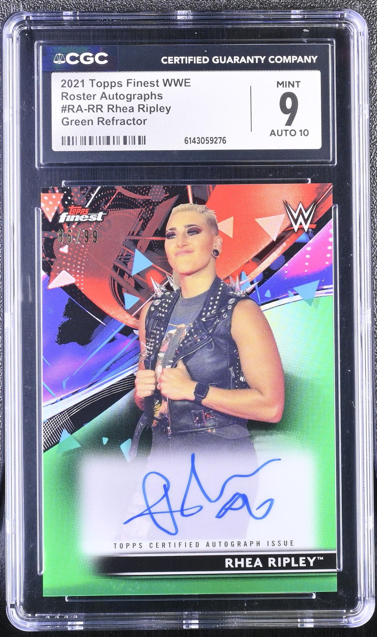 2021 Topps Finest WWE Rhea Ripley Roster Autographs Green Refractor #RA-RR /99 CGC 9