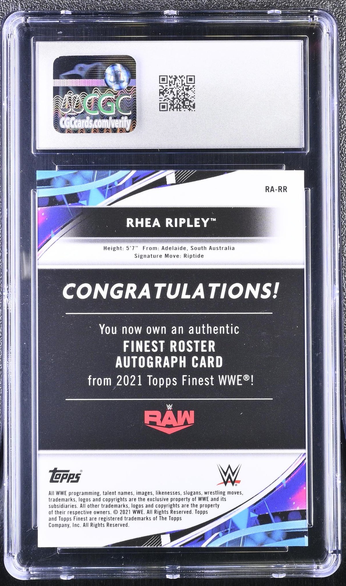2021 Topps Finest WWE Rhea Ripley Roster Autographs Green Refractor #RA-RR /99 CGC 9