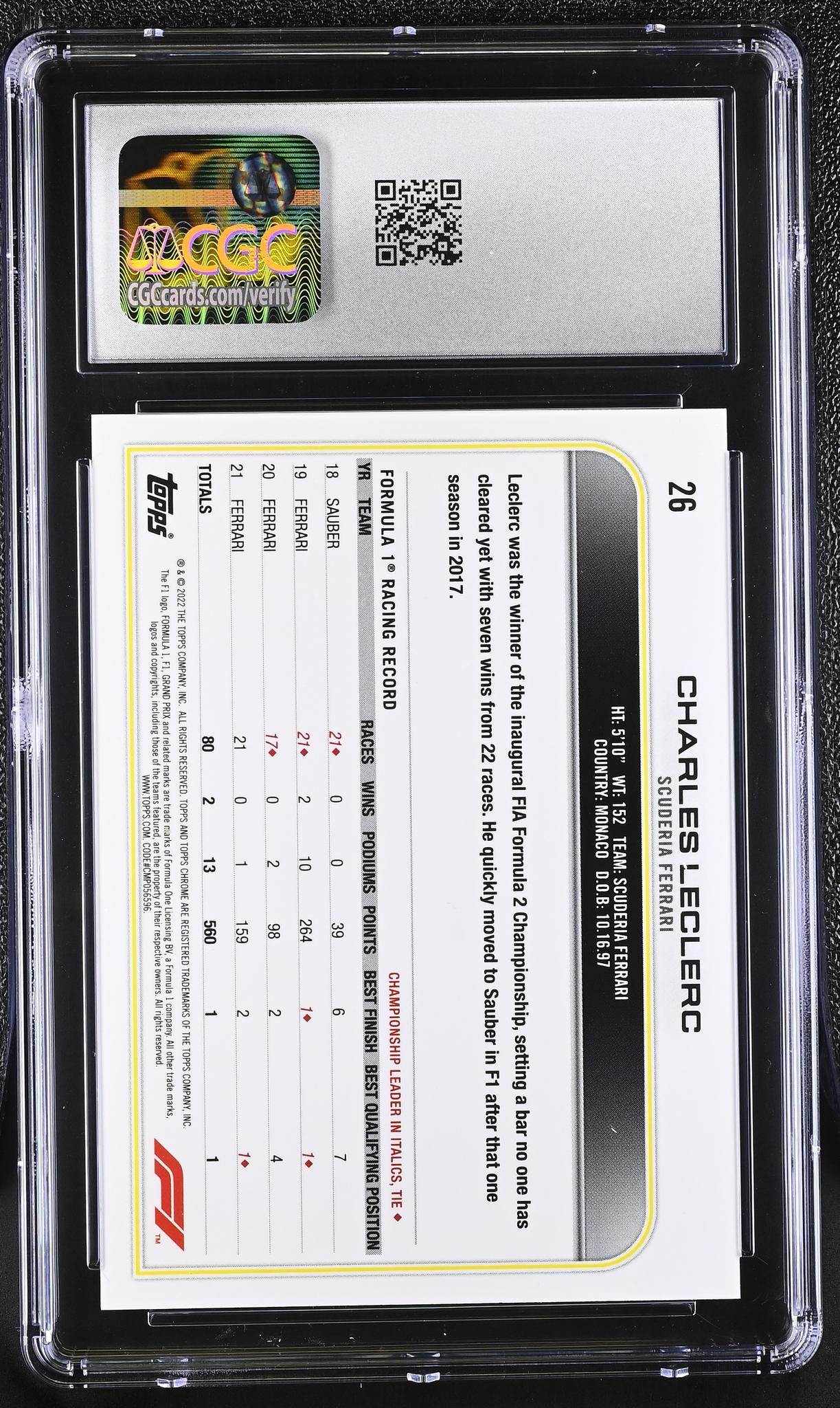 2022 Topps Chrome #26 Charles Leclerc Purple & Green Refractor CGC 10
