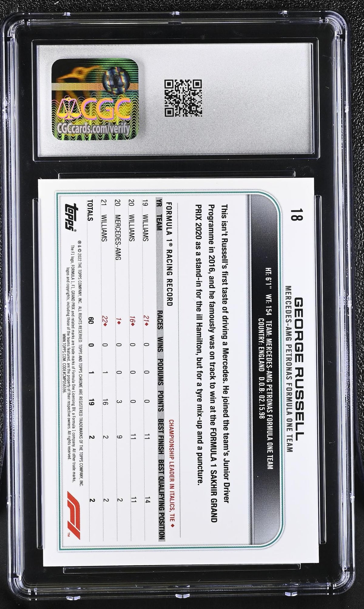 2022 Topps Chrome #18 George Russell Black & White Ray Wave Refractor CGC 10