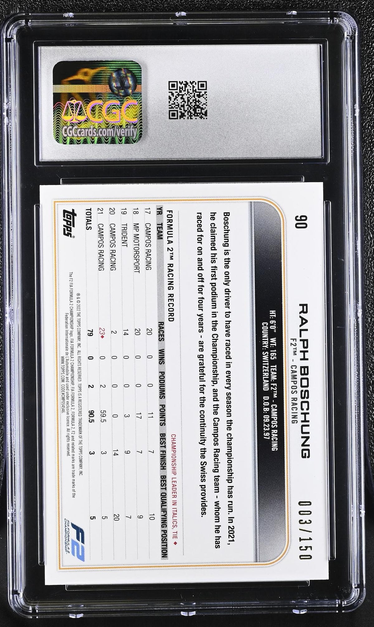 2022 Formula 1 #90 Ralph Boschung /150 CGC 9