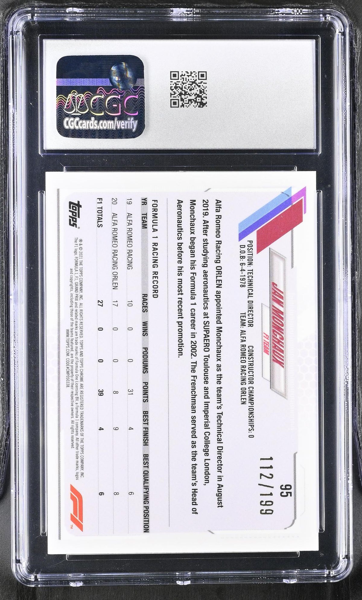 2021 Topps Chrome #95 Jan Monchaux Sapphire F1 /199 CGC 10