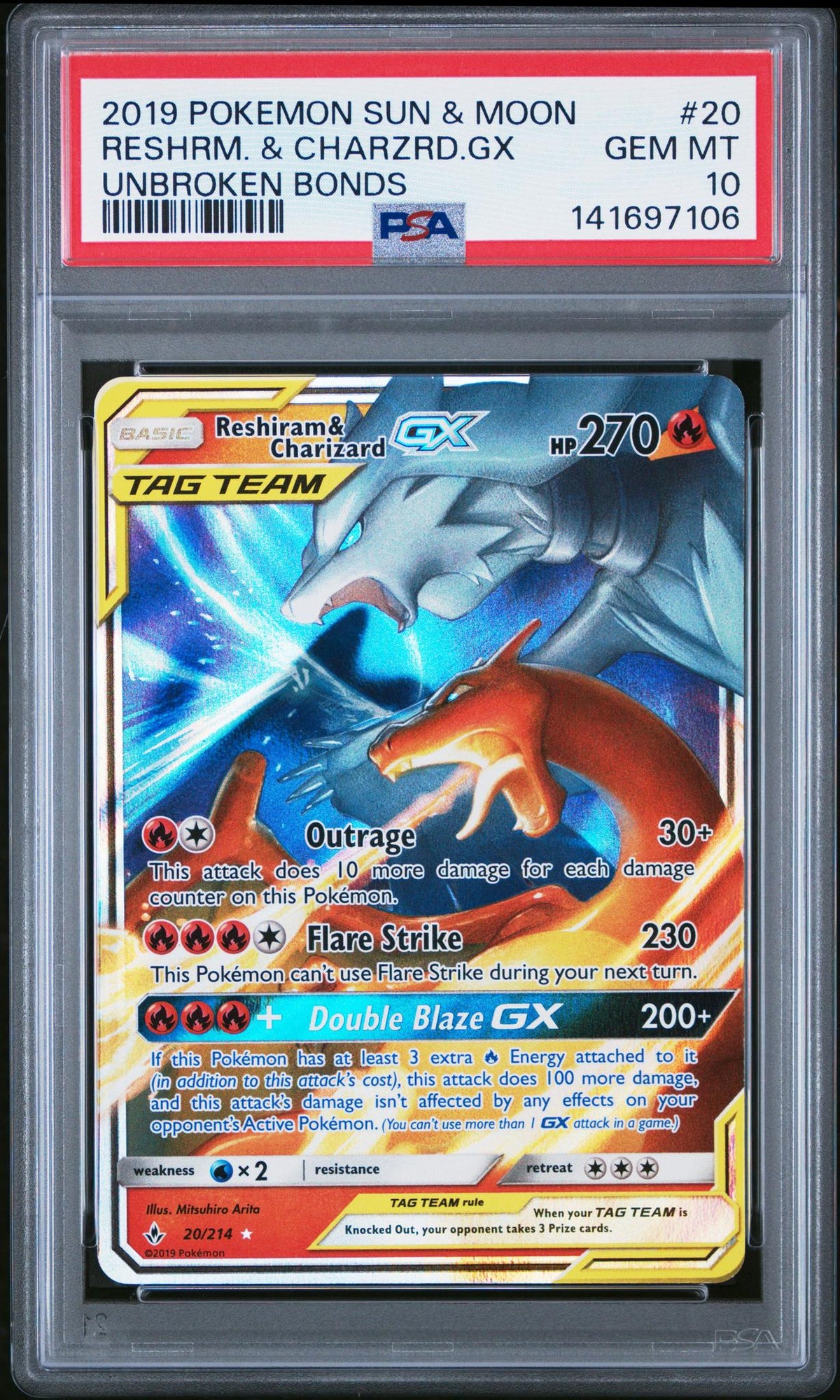 2019 Pokemon Sun and Moon Unbroken Bonds Charizard/Reshiram Gx #20 PSA 10
