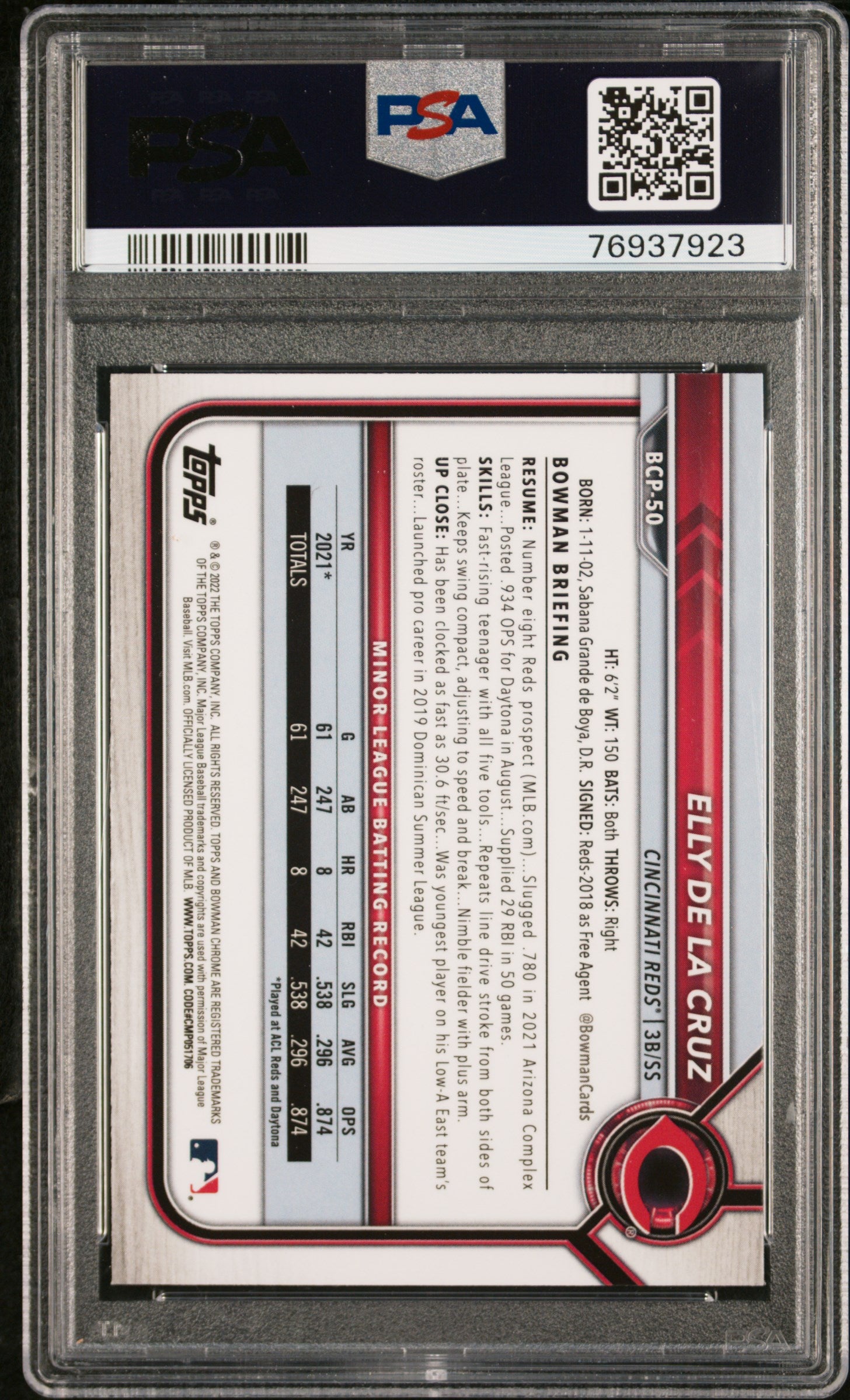 2022 Bowman Chrome Prospect Elly De La Cruz #BCP50 PSA 10