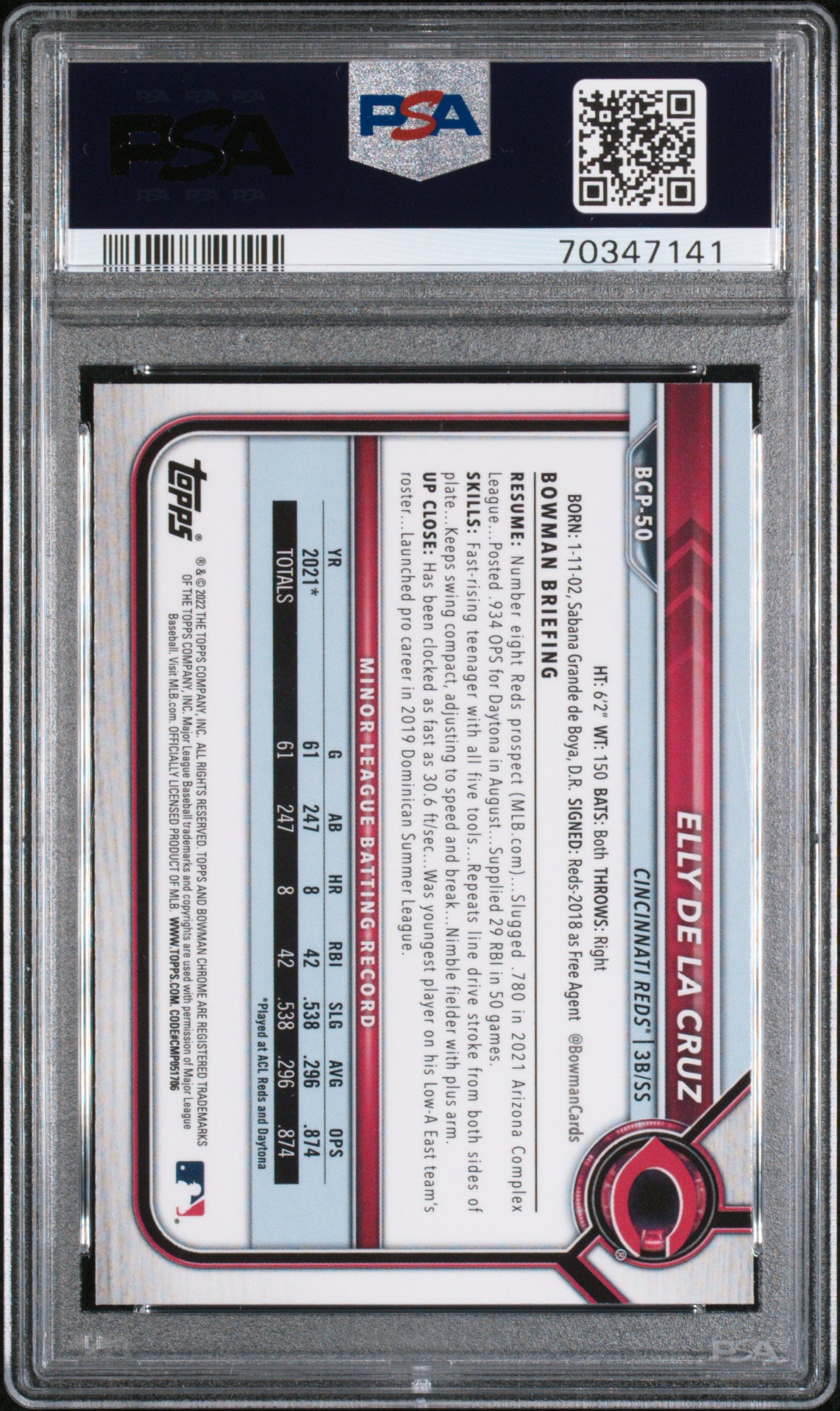 2022 Bowman Chrome Prospect Elly De La Cruz #BCP50 PSA 10