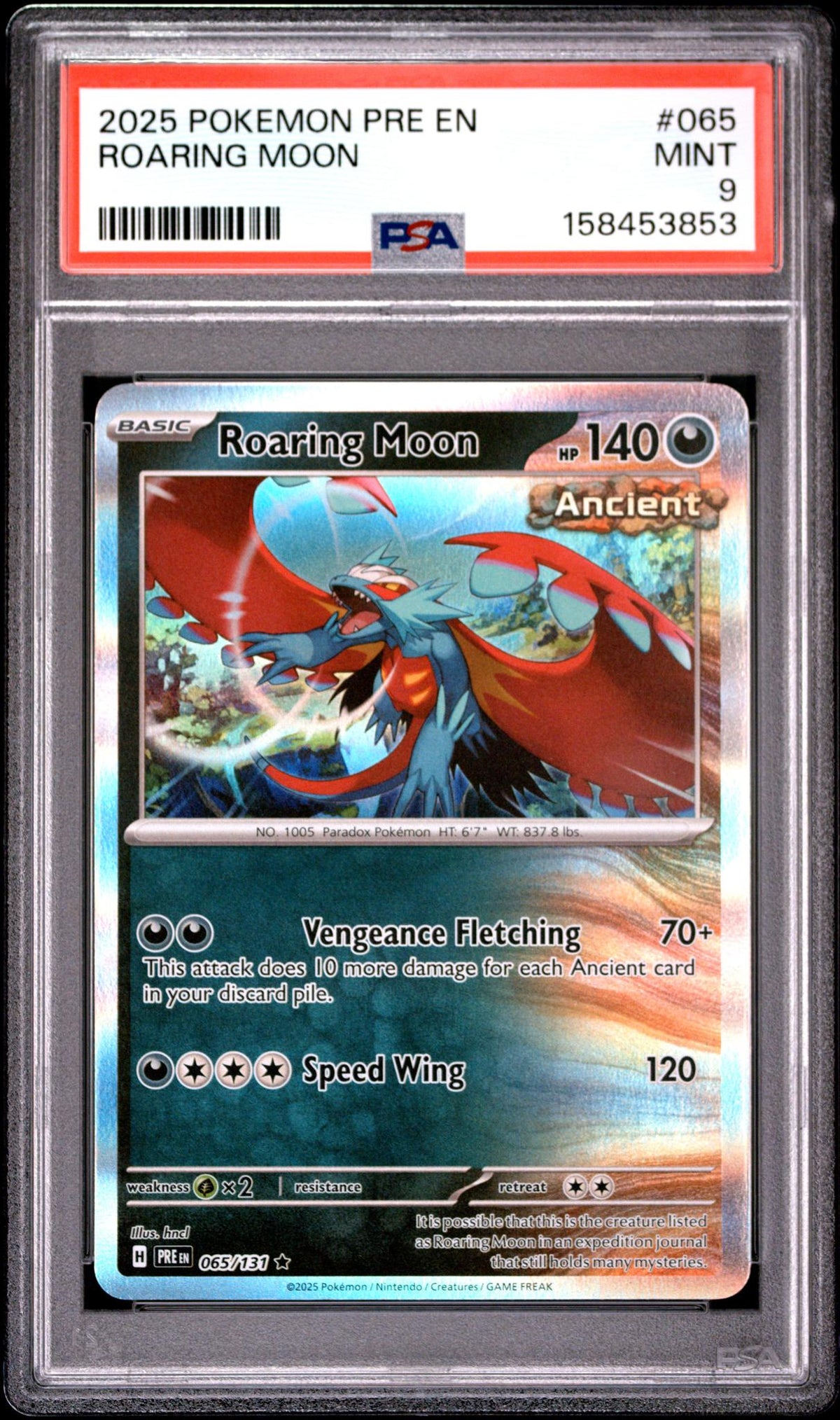 2025 Prismatic Evolutions English Holo Roaring Moon #65 PSA 9