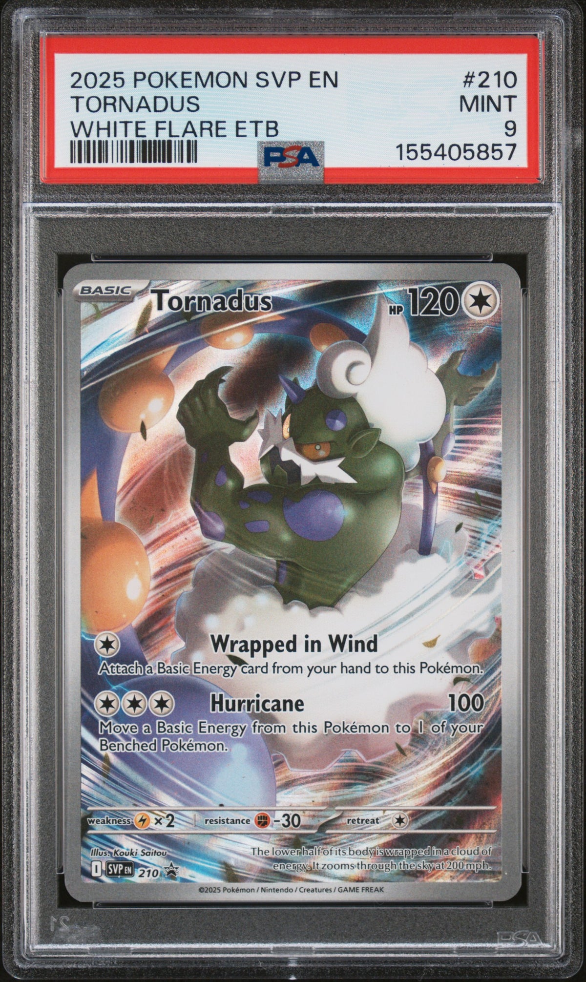 2025 Pokemon Scarlet and Violet Black Star White Flare Promo Elite Trainer Box Tornadus #210 /270 PSA 9