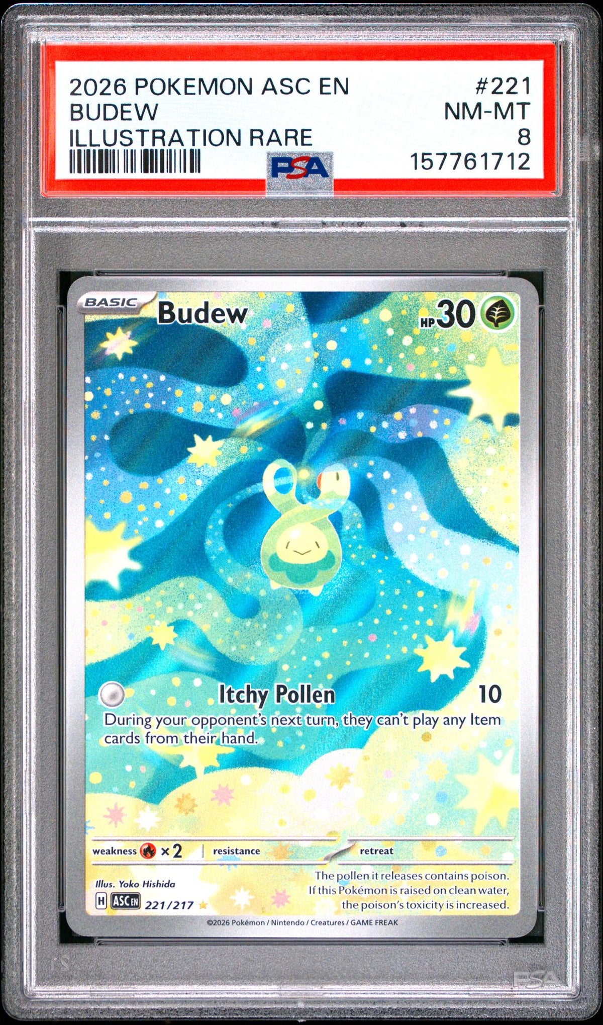 2026 Pokemon Mega Evolution Ascended Heroes Illustration Rare Budew #221 PSA 8