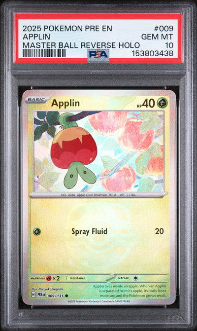 2025 Pokemon Prismatic Evolutions Master Ball Reverse Holo Applin #009 PSA 10