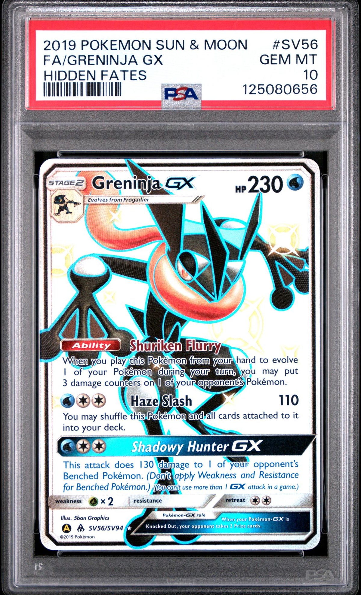 2019 Pokemon Sun and Moon Hidden Fates Shiny Vault Greninja Gx #SV56 PSA 10