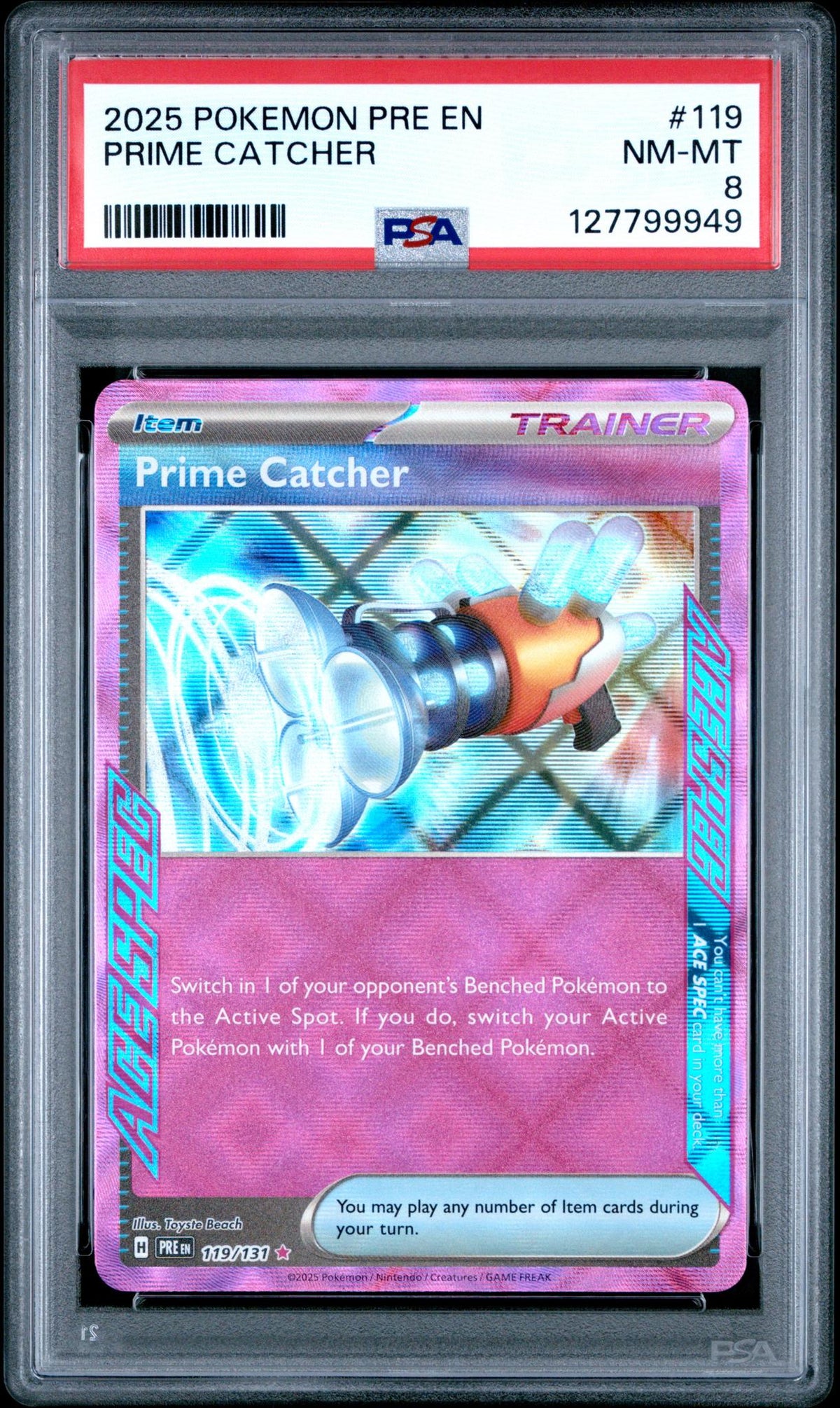 2025 Prismatic Evolutions English Ace Spec Rare Holo Prime Catcher #119 PSA 8