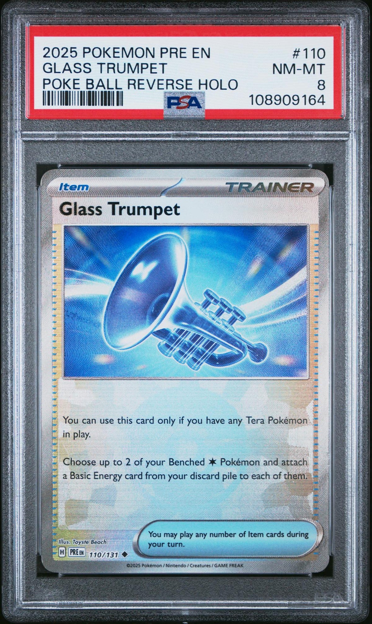 2025 Prismatic Evolutions English Pok^ Ball Holo Glass Trumpet #110 PSA 8