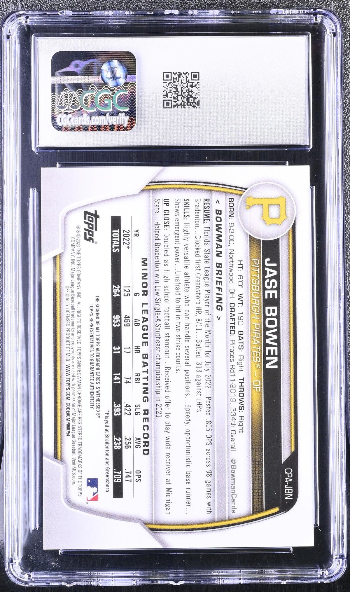 2023 Bowman Chrome Prospect Autographs Jase Bowen #CPA-JBN Auto CGC 9