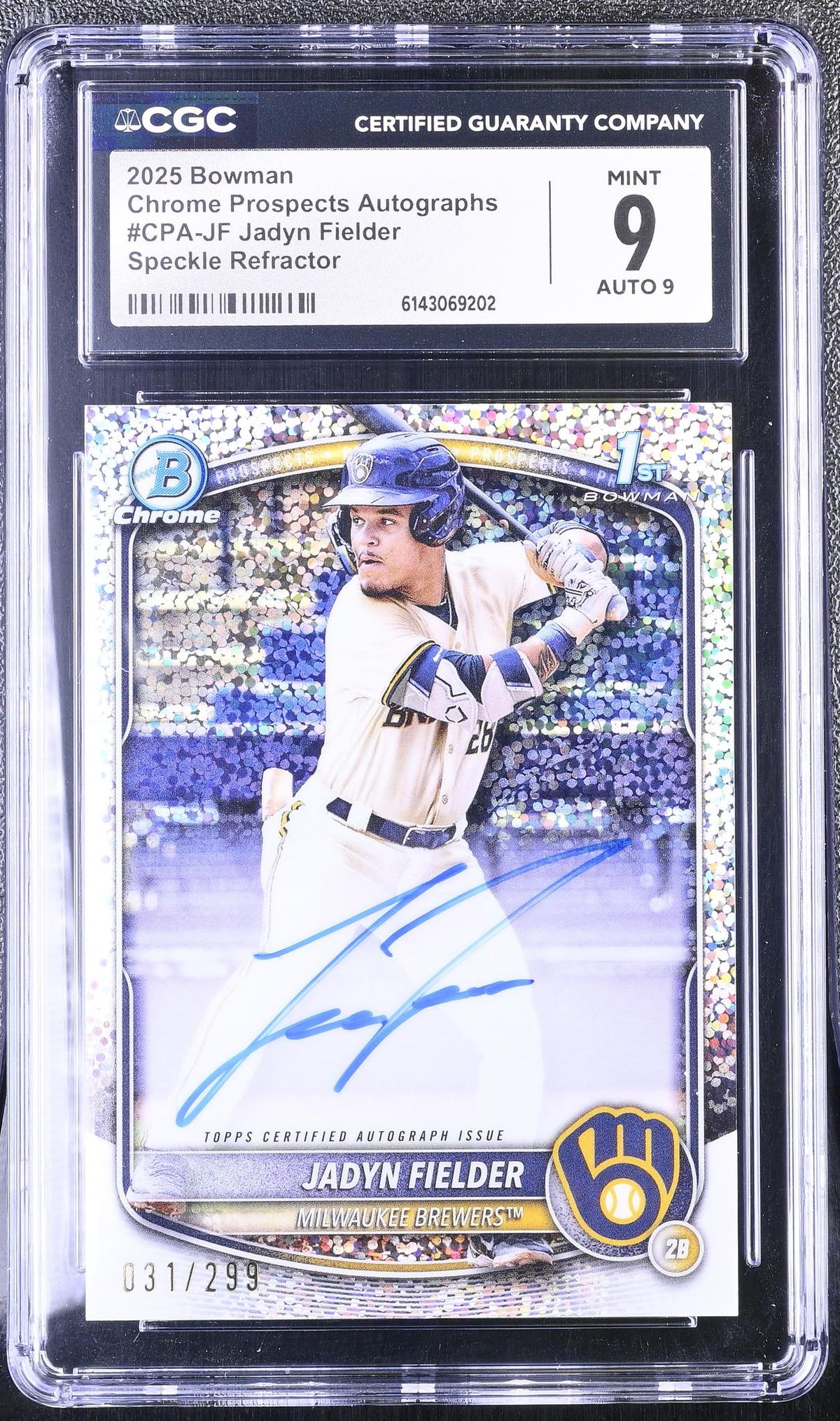 2025 Bowman Chrome # Jadyn Fielder Chrome Prospects Autographs /299 Auto CGC 9
