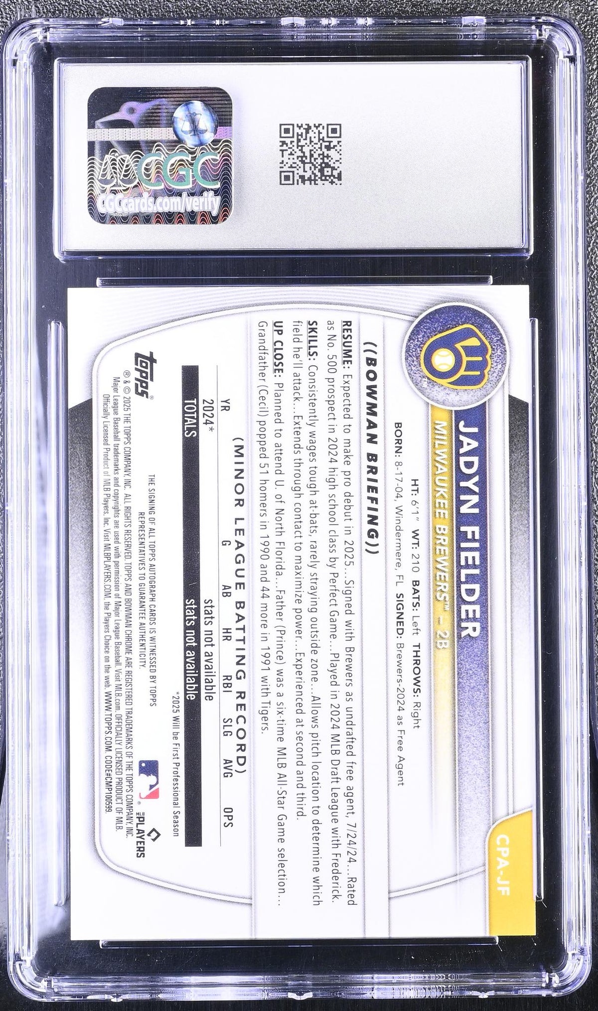 2025 Bowman Chrome # Jadyn Fielder Chrome Prospects Autographs /299 Auto CGC 9