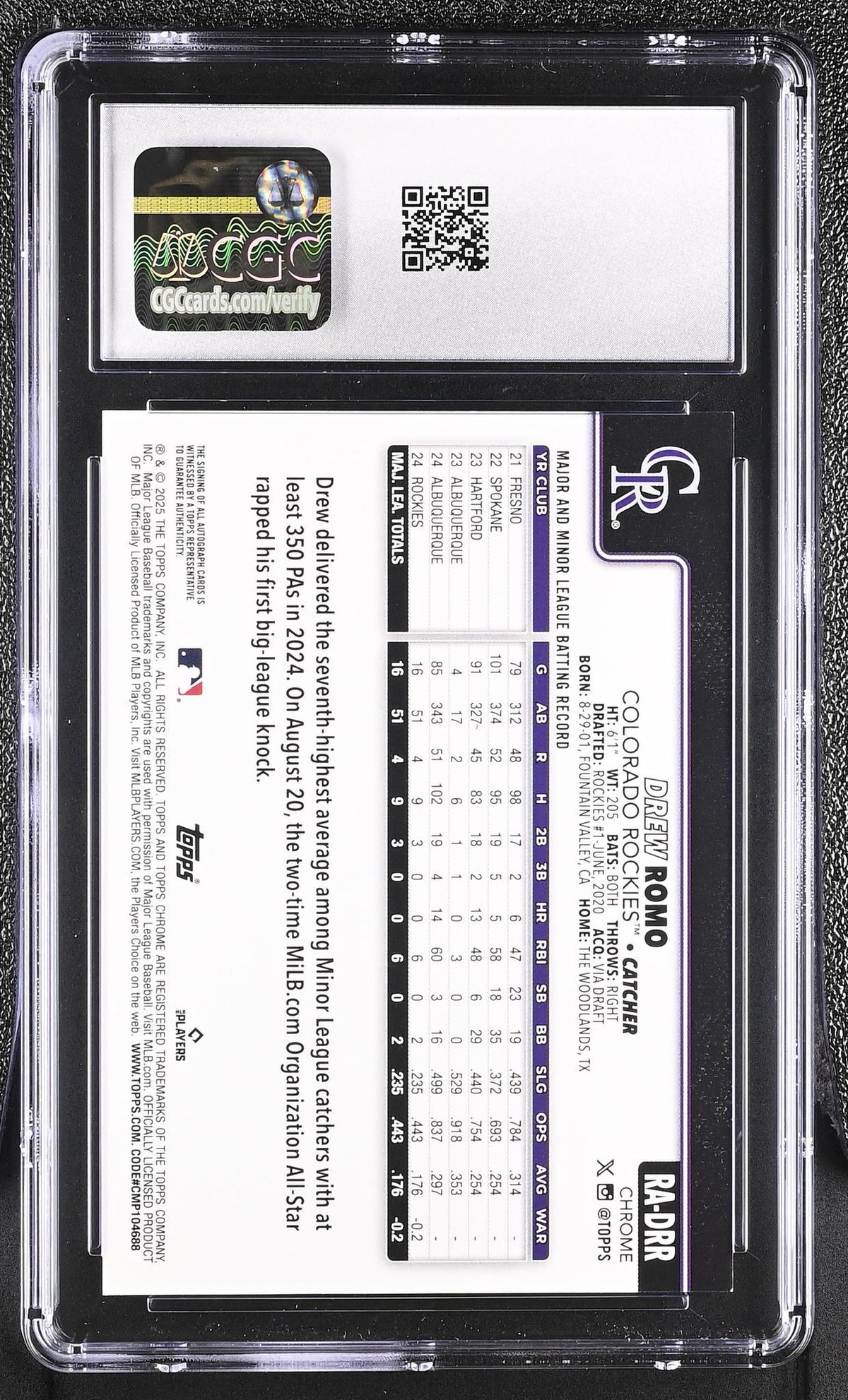2025 Topps Chrome #RA-DRR Drew Romo Rookie Autographs Auto CGC 10