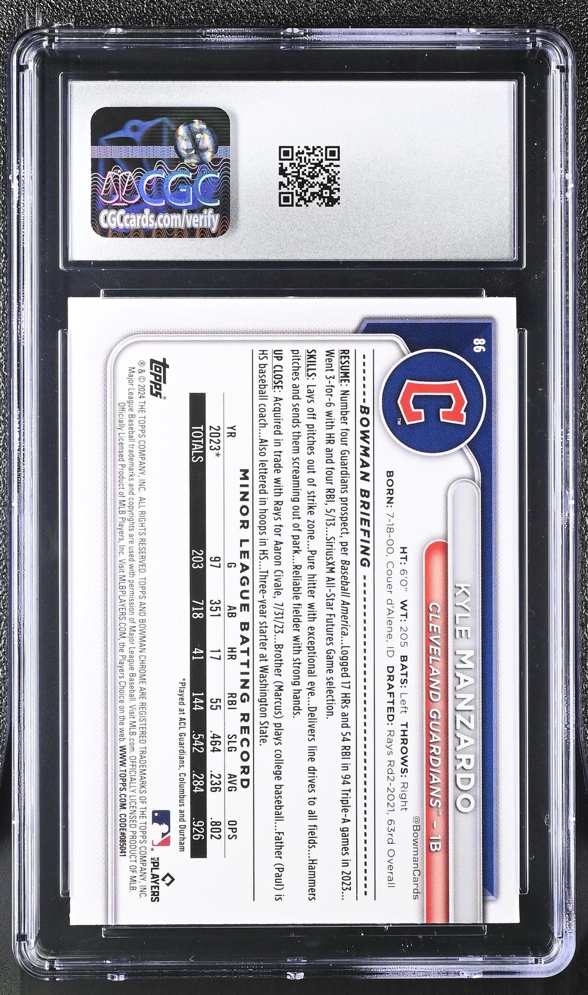 2024 Bowman Chrome #86 Kyle Manzardo Green Refractor CGC 10