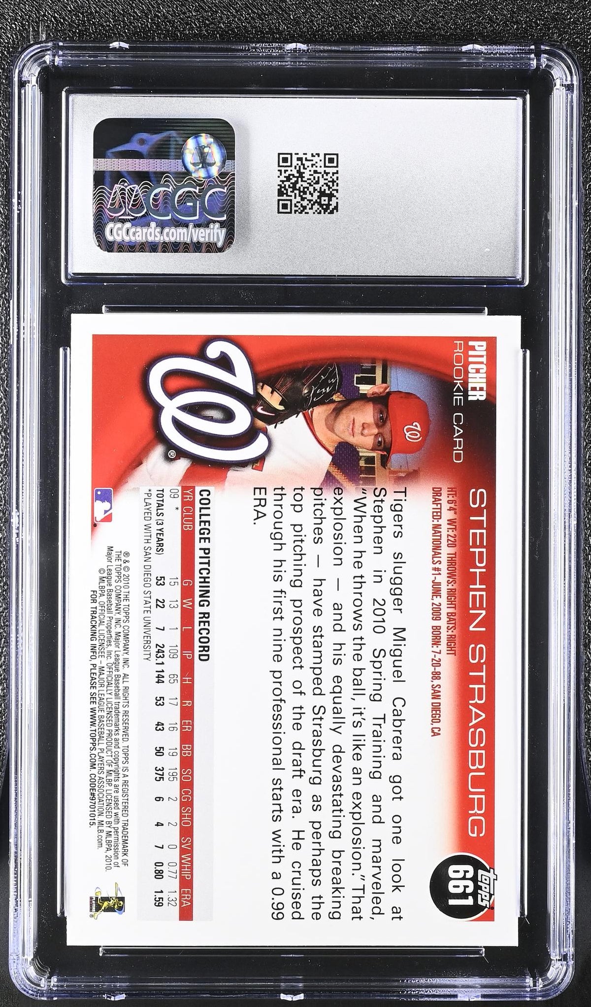 2010 Topps #661 Stephen Strasburg Factory Set CGC 10