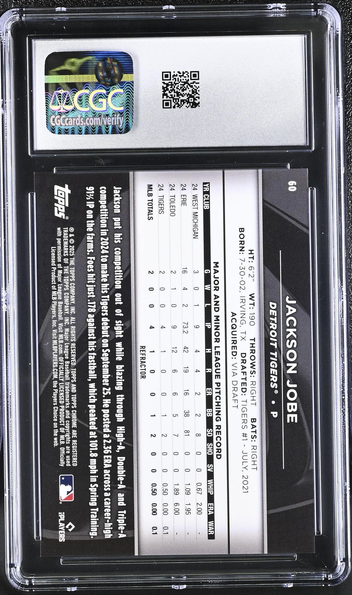 2025 Topps Chrome Black #60 Jackson Jobe Refractor /199 CGC 10