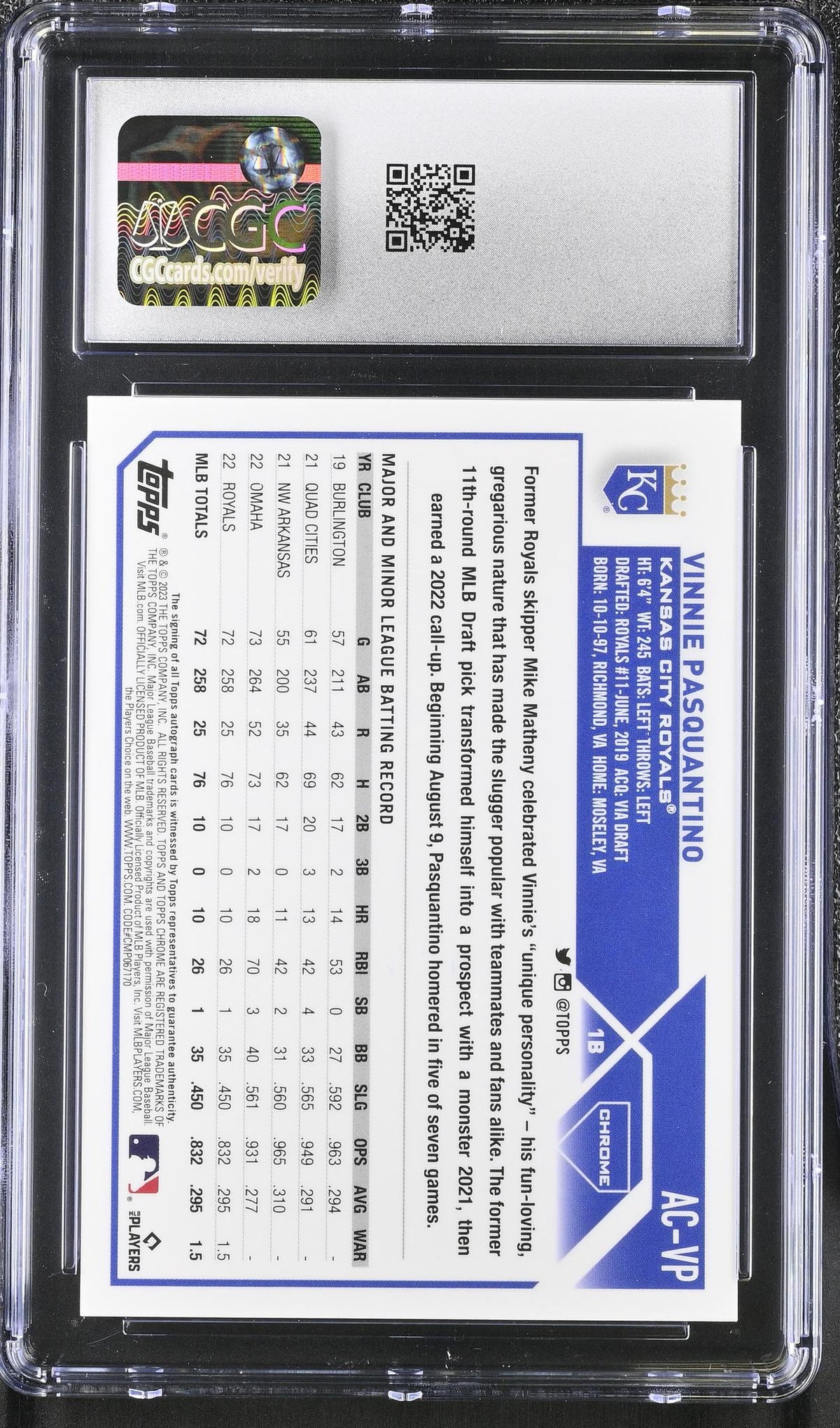 2023 Topps Chrome #AC-VP Vinnie Pasquantino Update Autographs Auto CGC 9.5