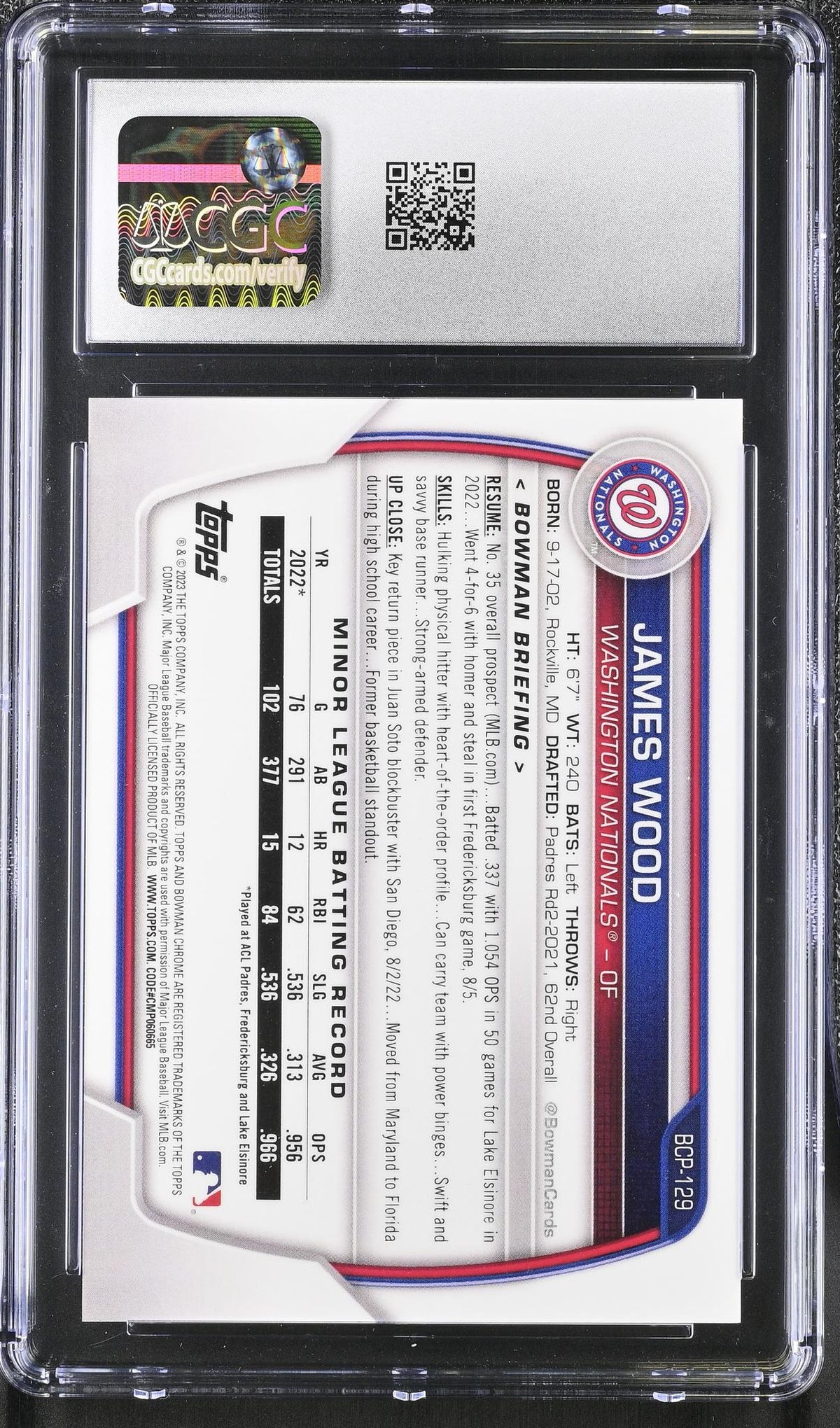 2023 Bowman Chrome #BCP-129 James Wood Chrome Prospects /399 CGC 9.5