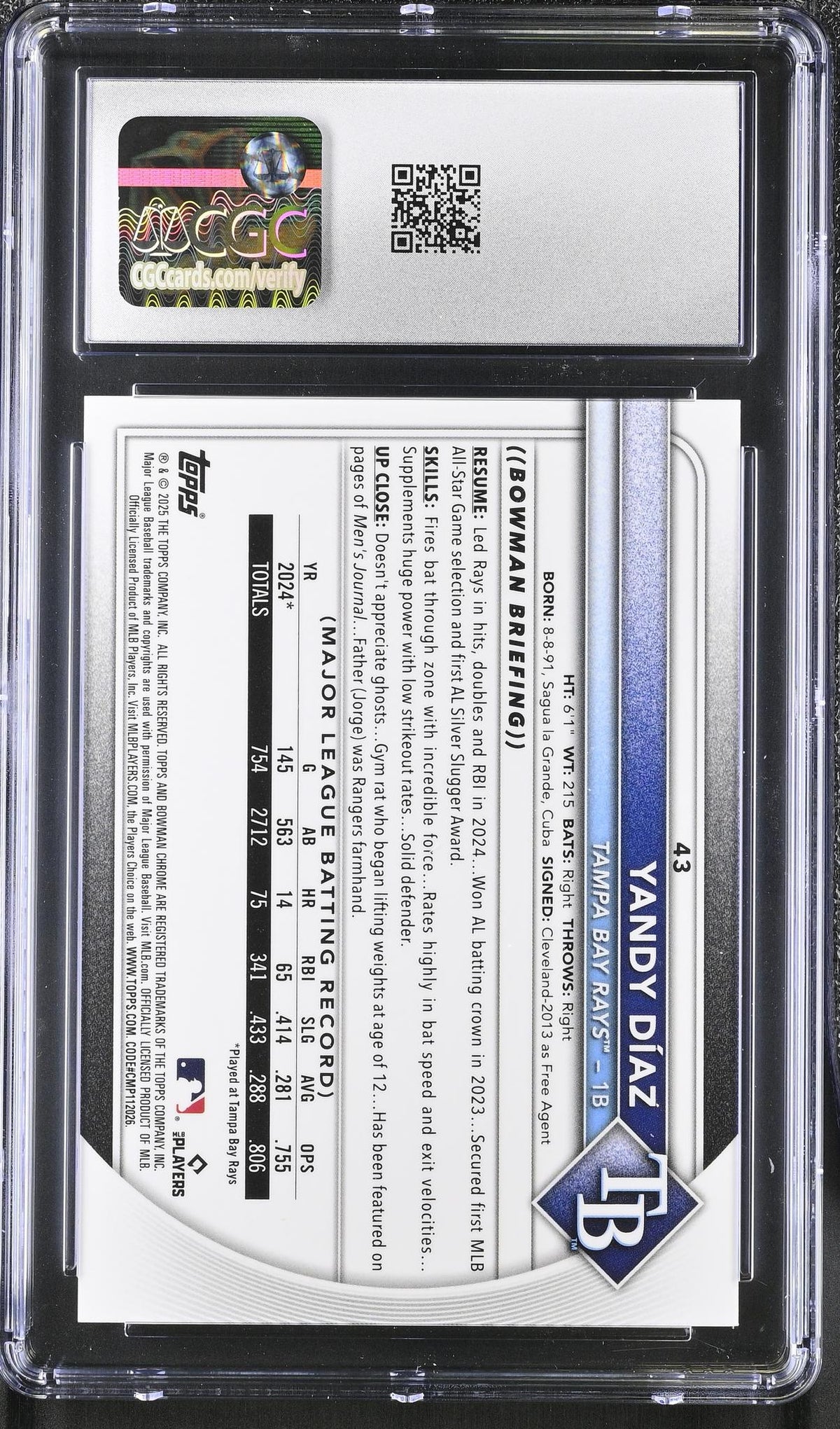 2025 Bowman Chrome Sapphire #43 Yandy Diaz Gold /50 CGC 9