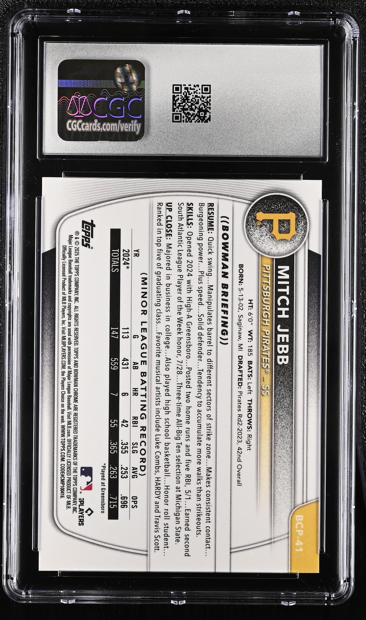 2025 Bowman Chrome #BCP-41 Mitch Jebb Chrome Prospects CGC 10