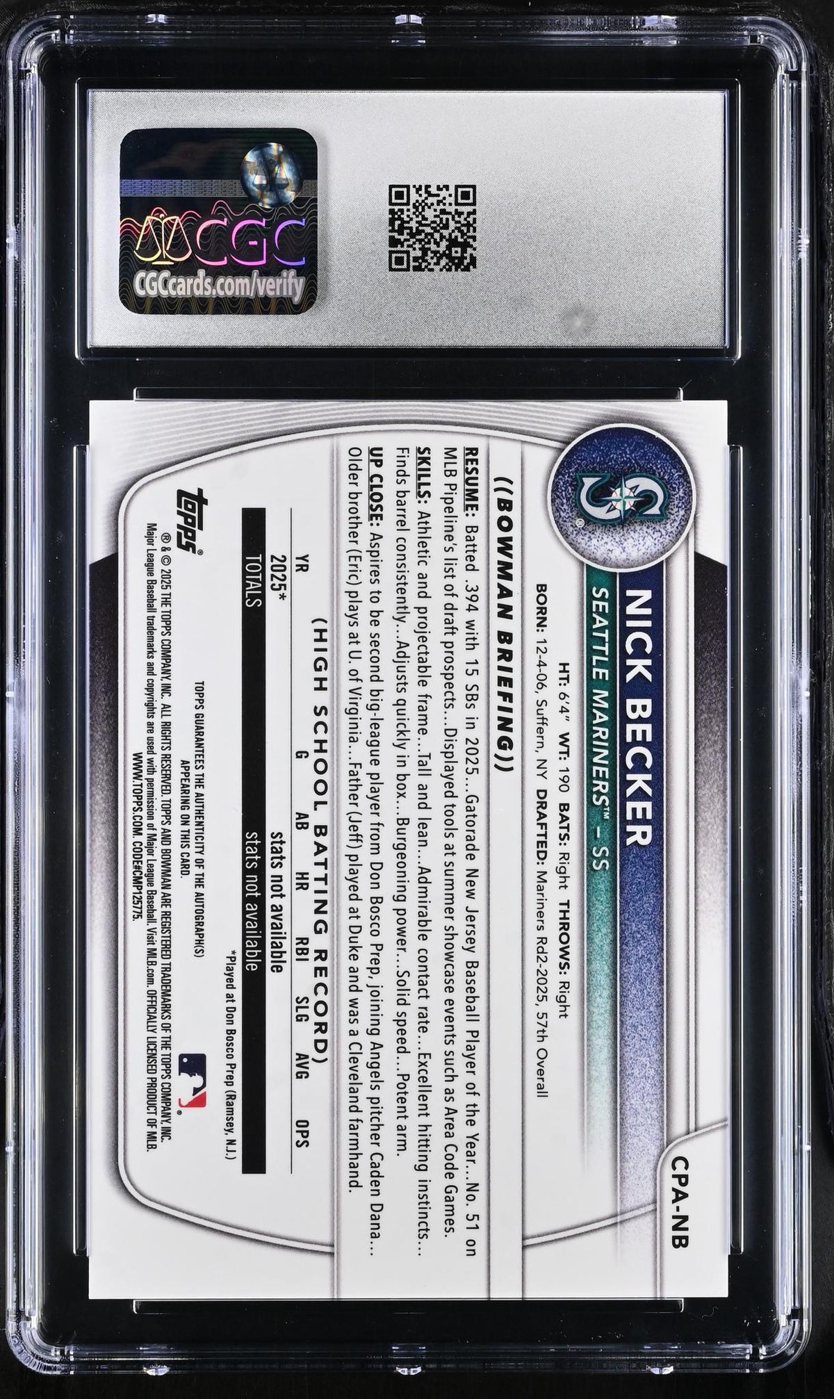 2025 Bowman #CPA-NB Nick Becker Chrome Prospect Autographs Auto CGC 9