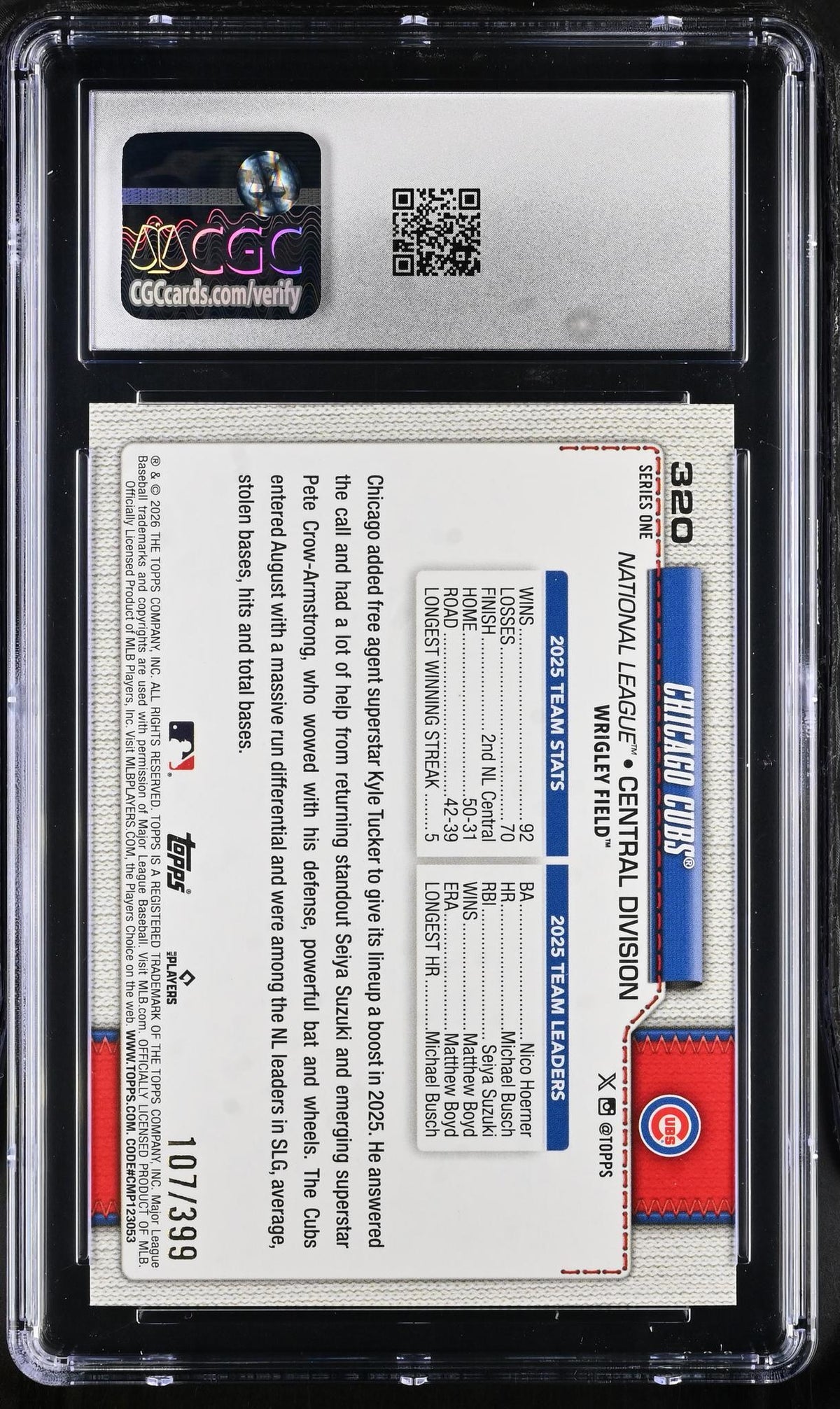 2026 Topps #320 Chicago Cubs Yellow Rainbow Foil /399 CGC 9