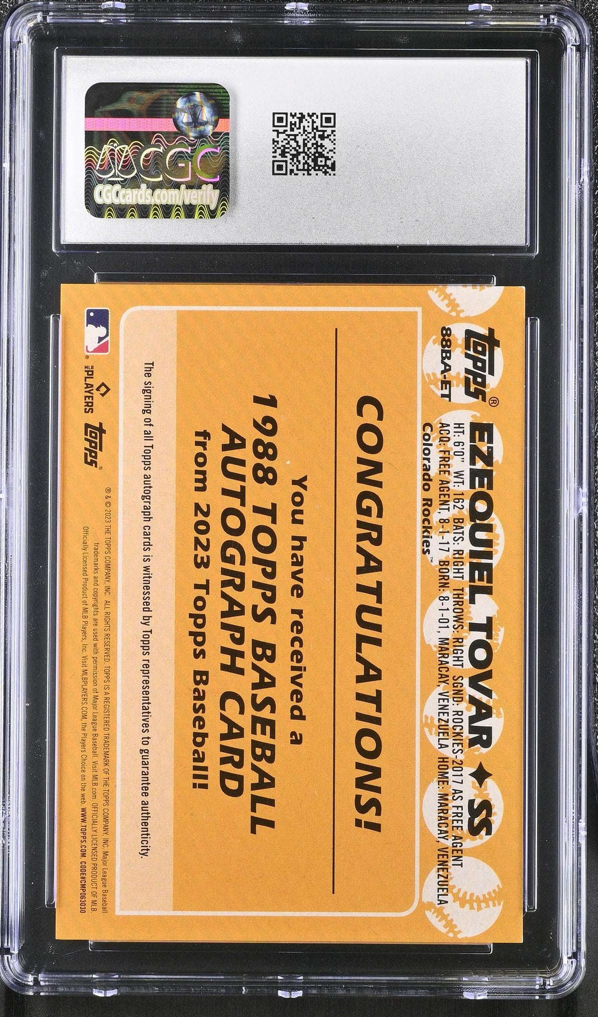 2023 Topps 1988 Topps Autographs Ezequiel Tovar #88BA-ET Auto CGC 9