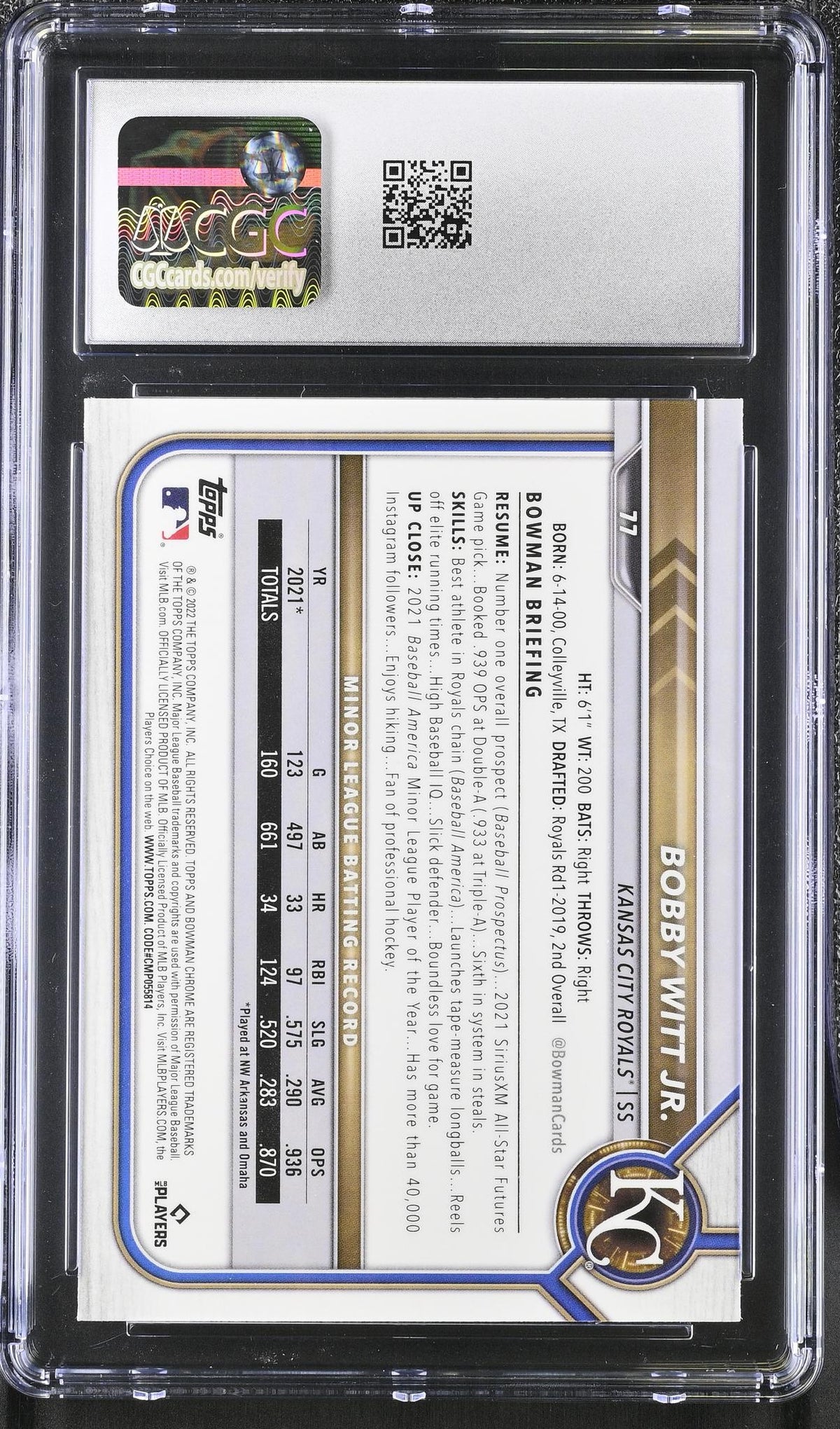 2022 Bowman Chrome Bobby Witt Jr. #77 RC CGC 9